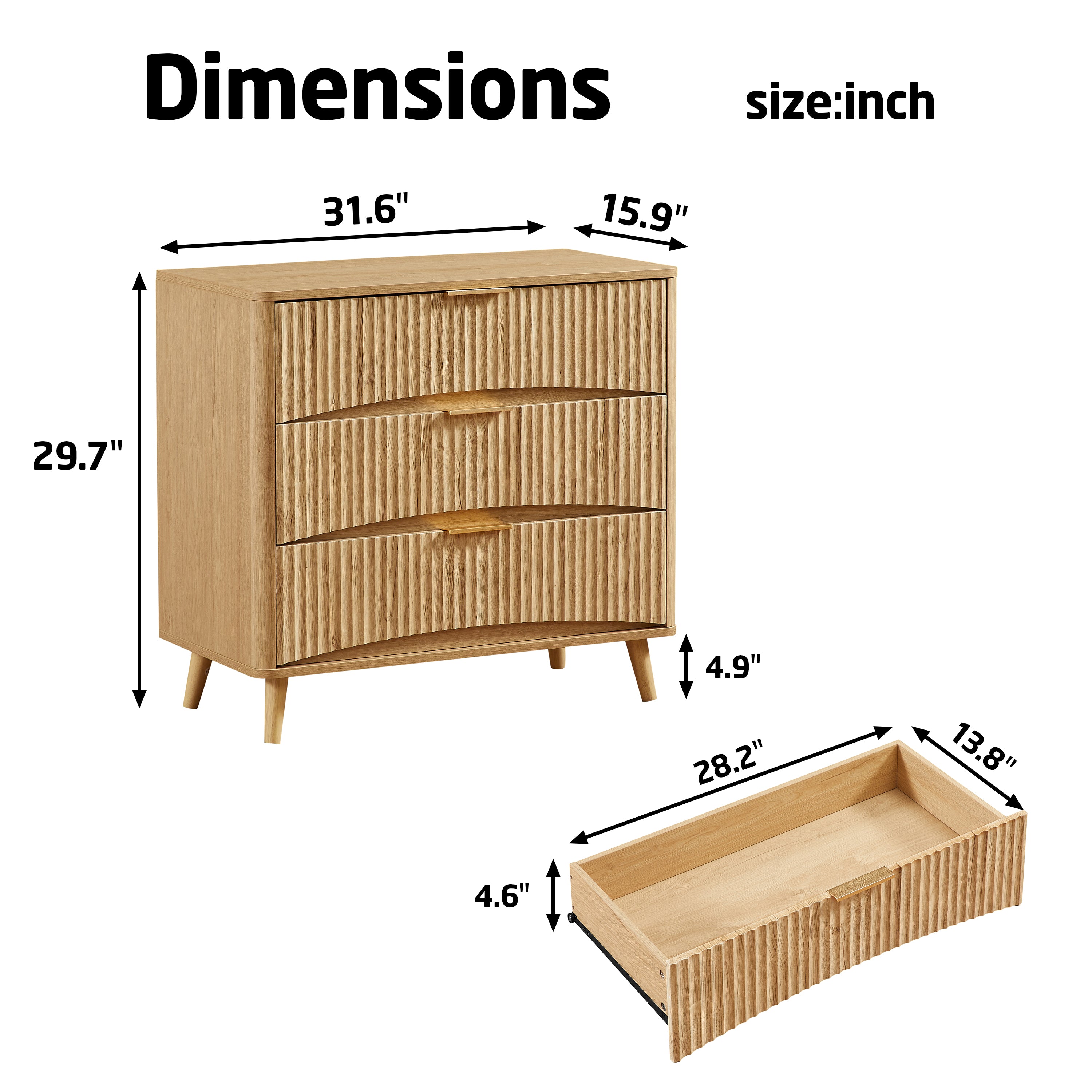 Set of 2 oak fluted 3-drawer dressers in bedroom setting