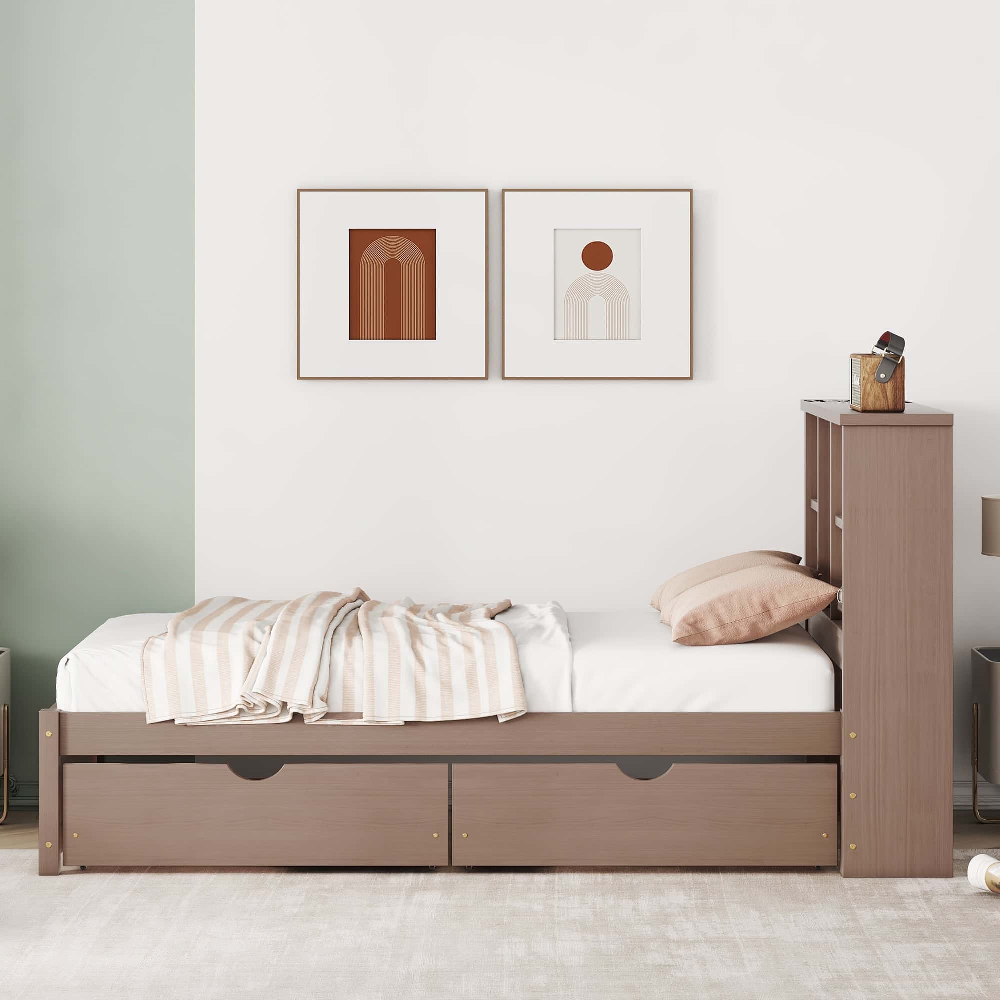 Modern Twin Size Bed Frame With Built-in USB Port on Bookcase Headboard and 2 Drawers for Walnut Color