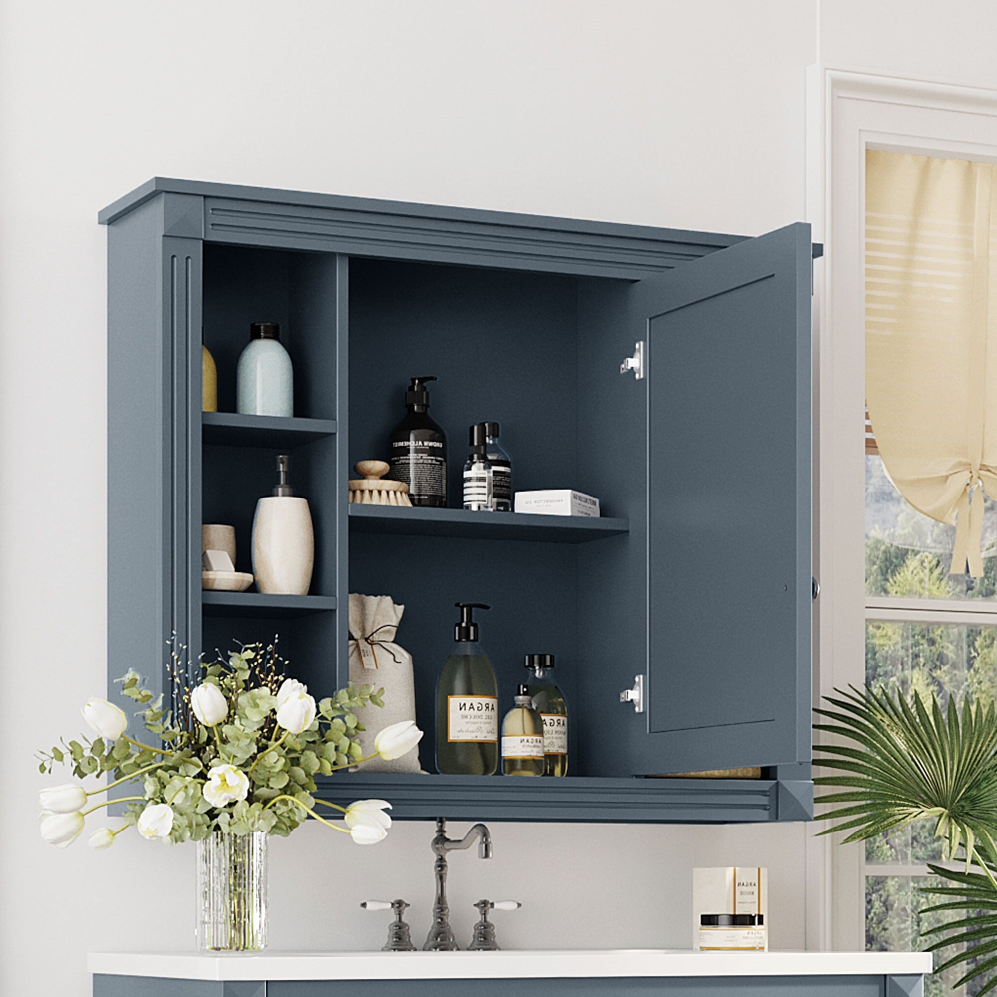 Wall-mounted mirror cabinet with 6 open shelves, angled view