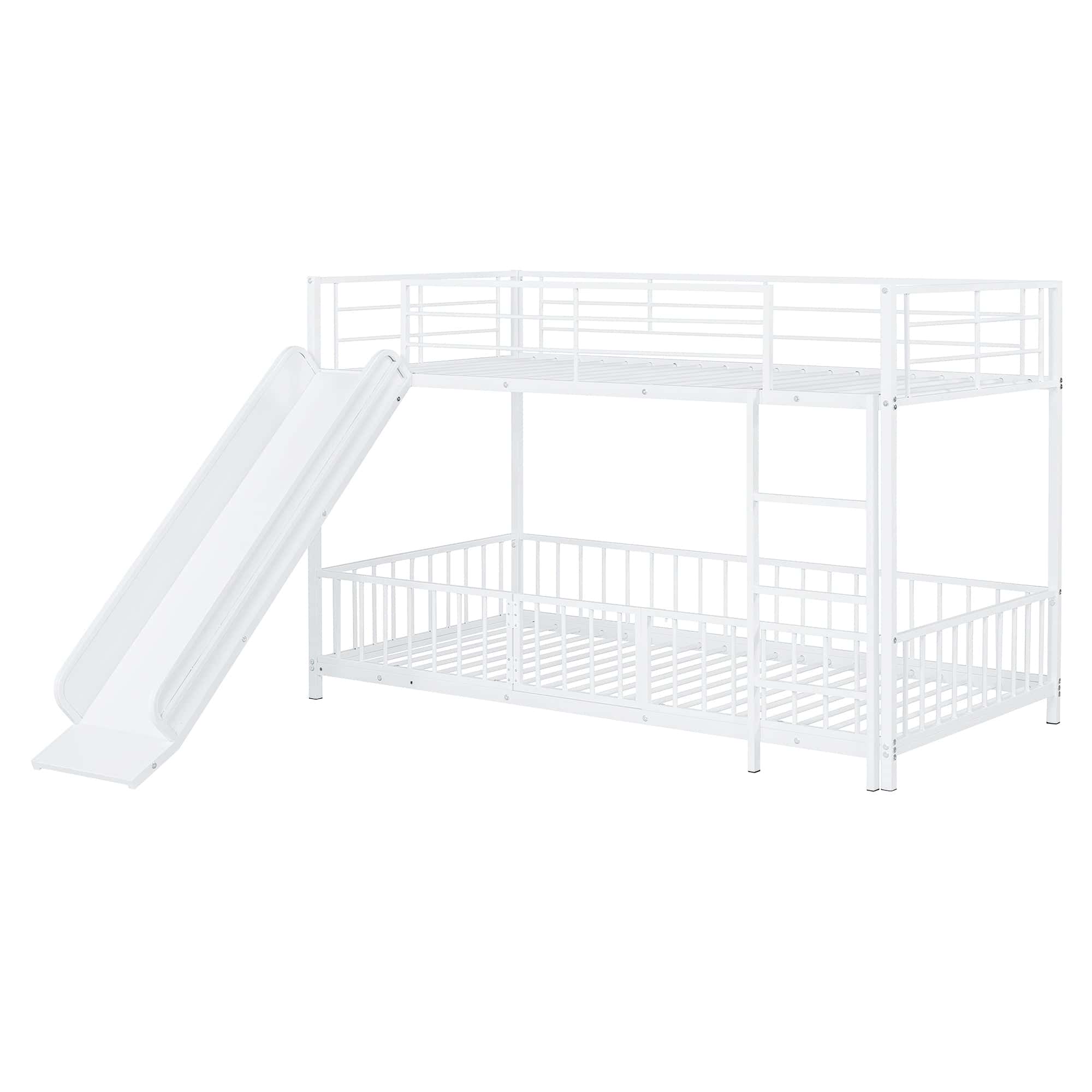 Twin over Twin Size Metal Bunk Bed with Slide and Guardrails, White