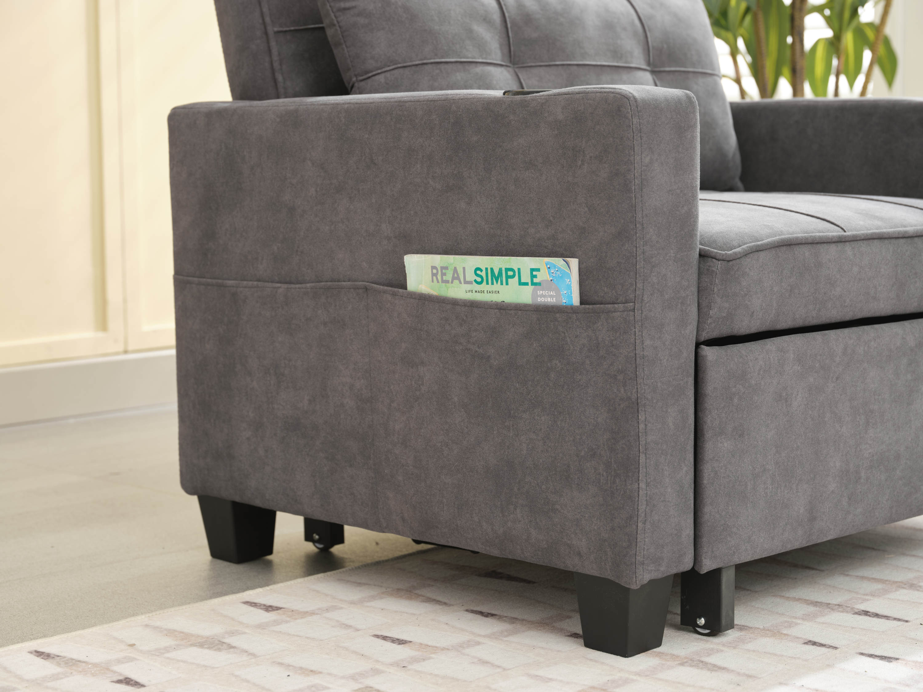 Futon Chair Bed Convertible Chair 3-in-1 Pull Out Sleeper Chair Beds with USB Ports,Wear-resistant and Anti-scratch, Armchair Bed Sleeper for Living Room (Dark Grey Scratch Cloth)