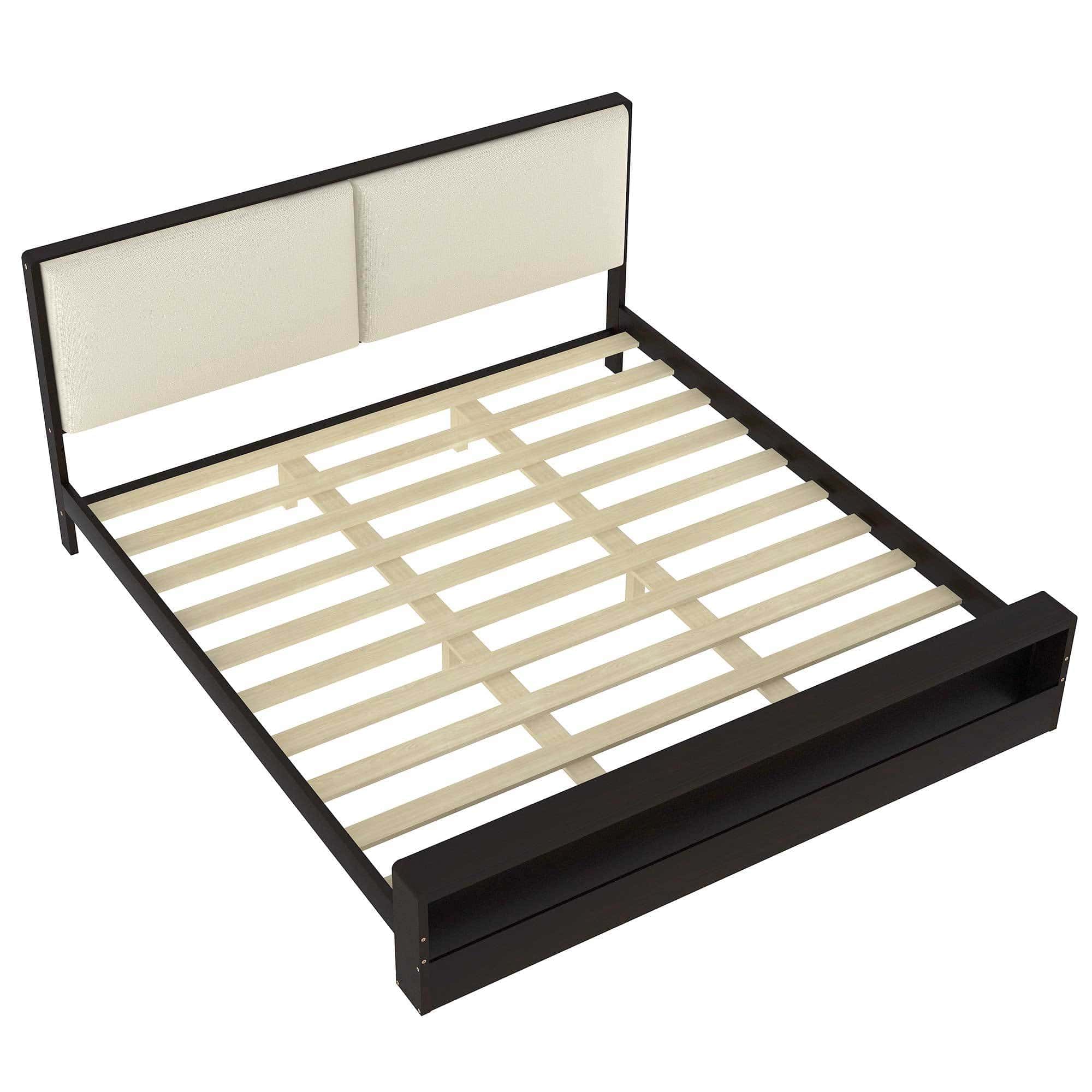 King Size Platform Bed Frame with Upholstery Headboard and Bookshelf in Footboard and LED Light Strips, Espresso