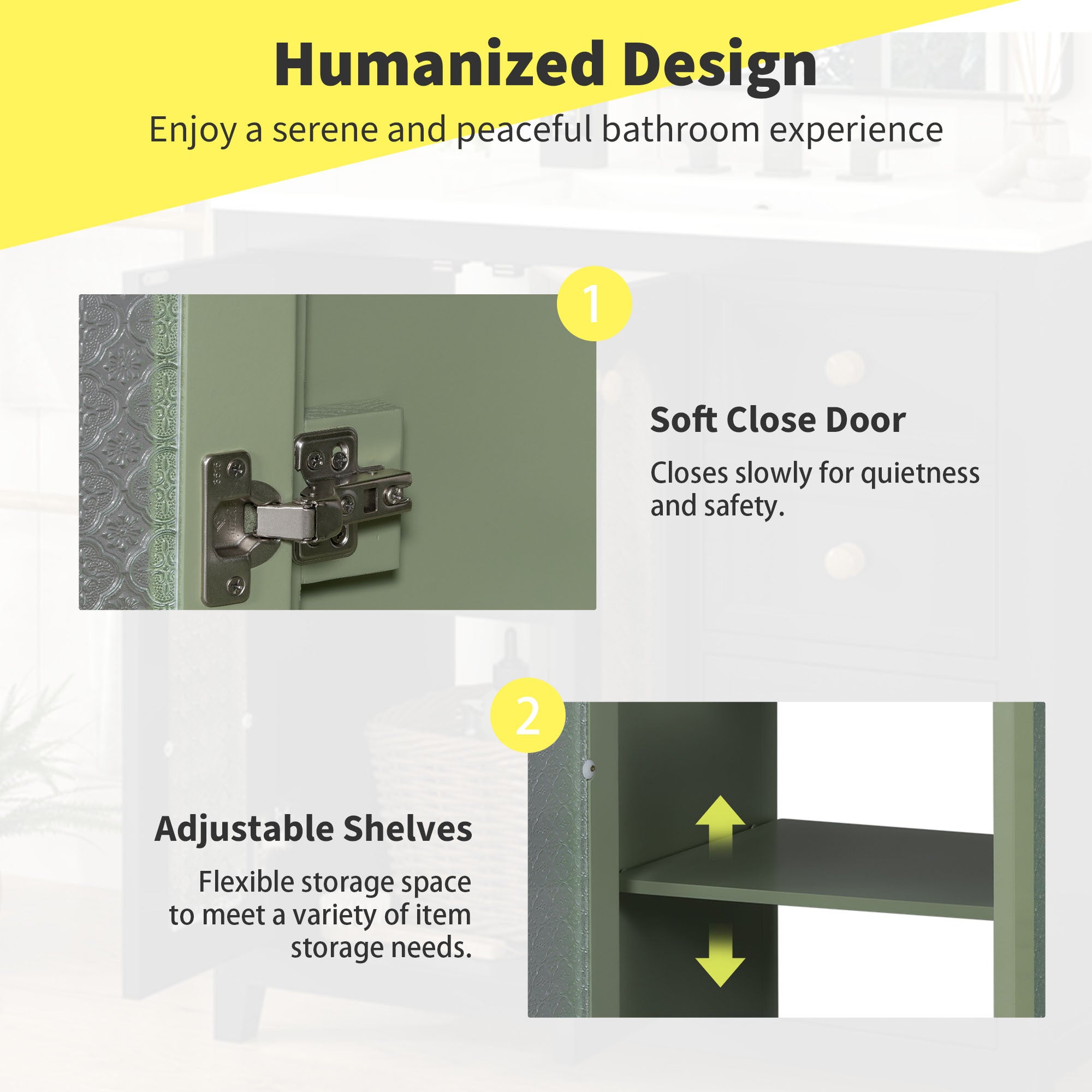 36-inch bathroom vanity with two soft close doors, adjustable shelves and three drawers