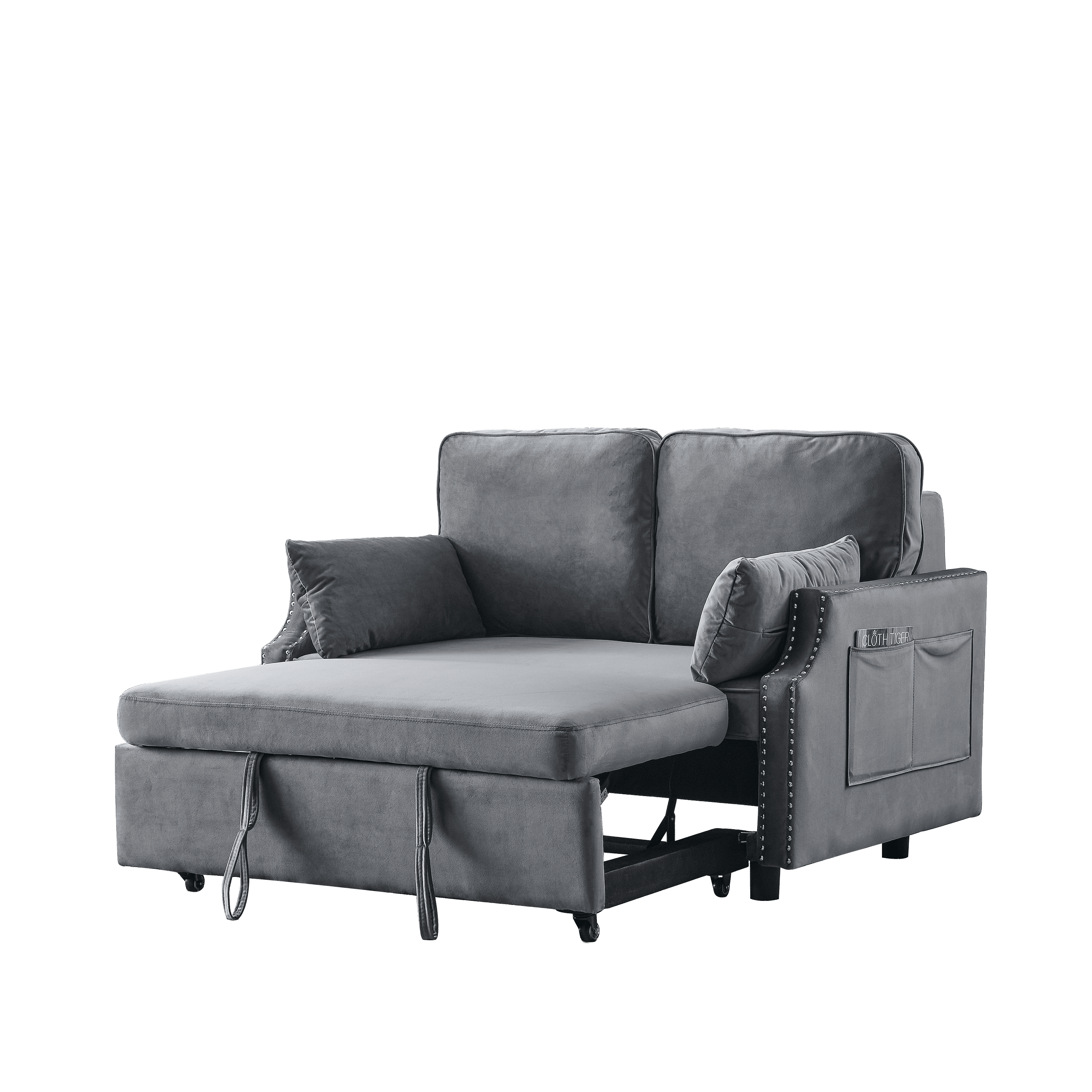 50" Velvet Upholstered Sleeper Sofa bed with Side Storage Pockets, Nailhead Design, 2-Seater Sofa with 2 Pillows and removeable Backrest Pull-out Sofa Bed for Small Spaces in Living Rooms, Apartm