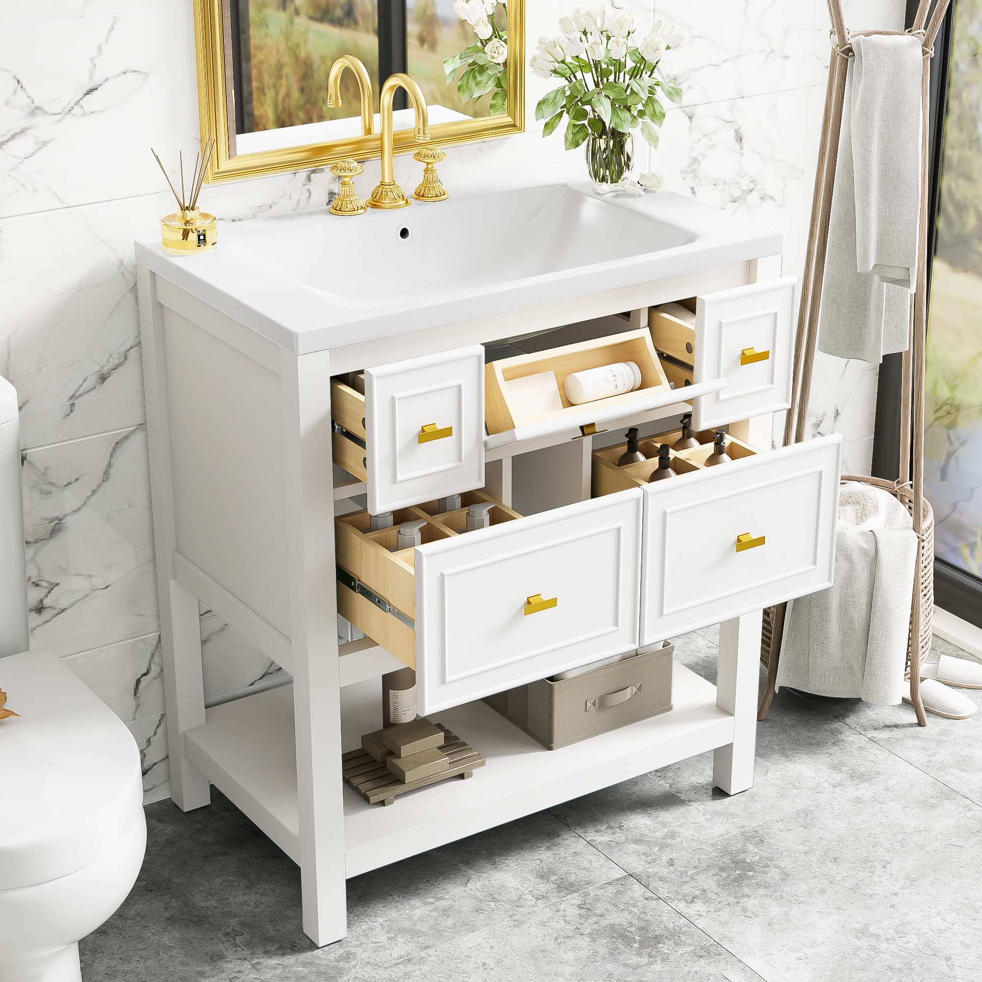 30'' Bathroom Vanity with Resin Sink Combo, Free Standing Single Vanity Set with 5 Drawers, Solid Wood Frame Bathroom Storage Cabinet, White
