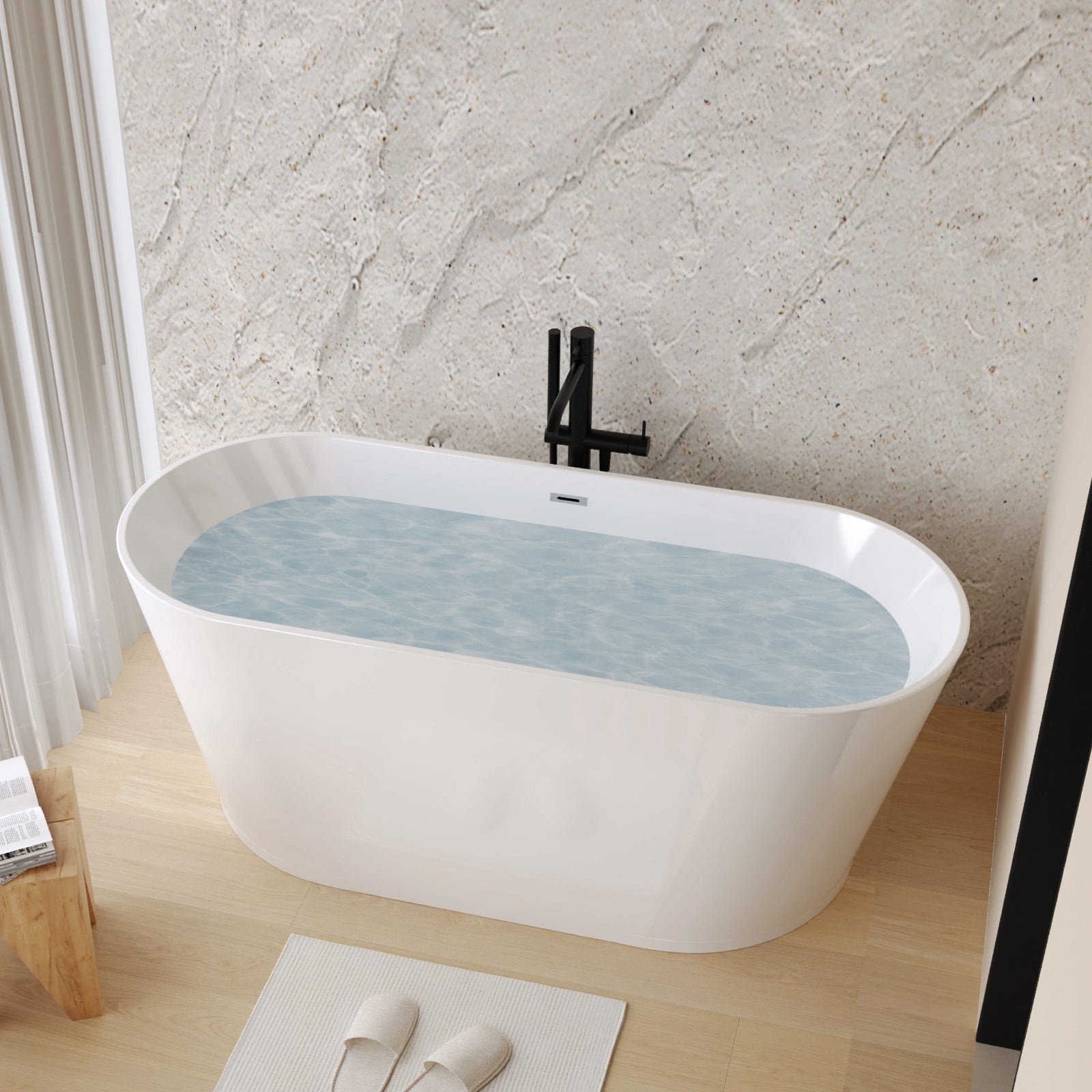 Glossy white freestanding acrylic bathtub, angled front view