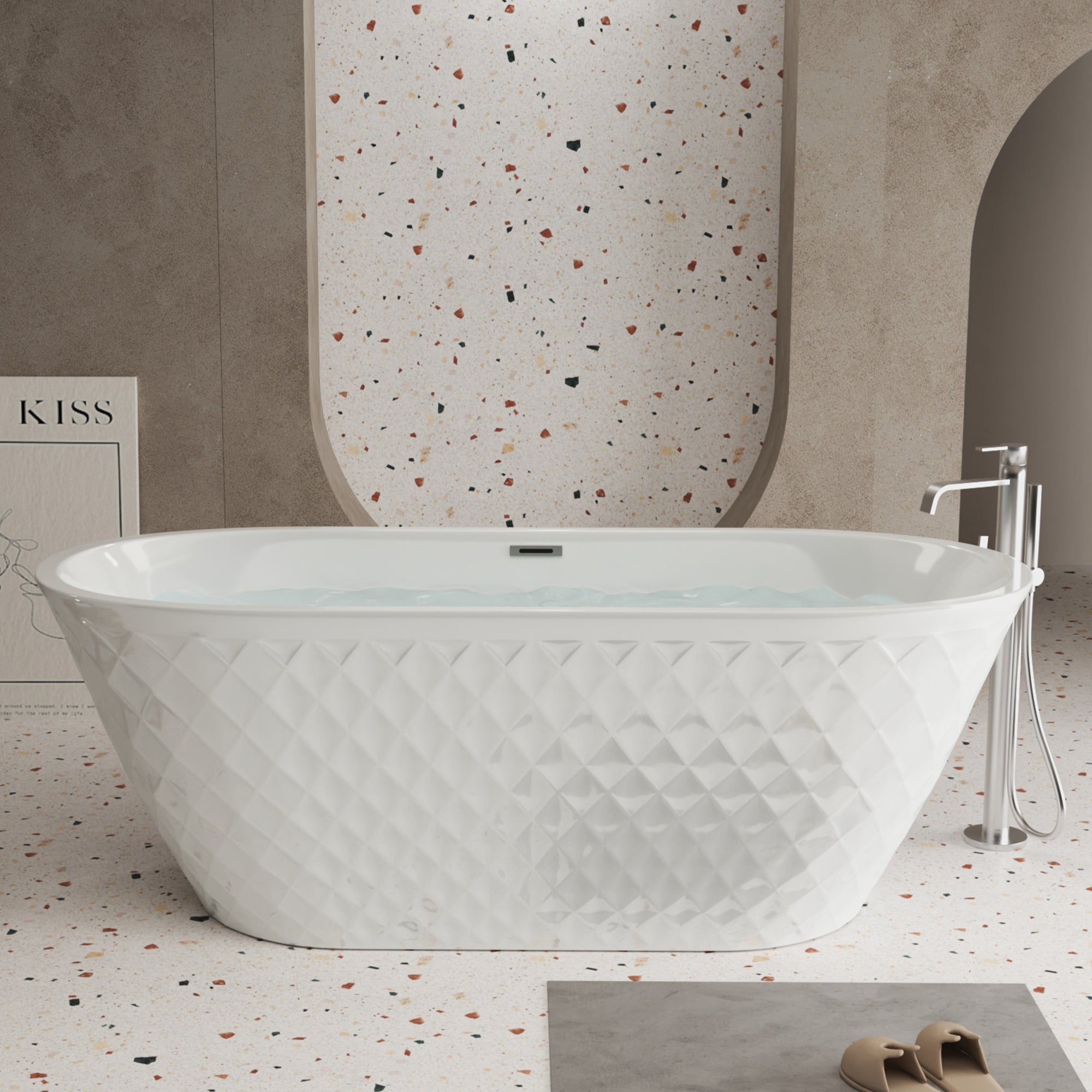 59 inch acrylic freestanding oval bathtub, gloss white with diamond pattern, front view