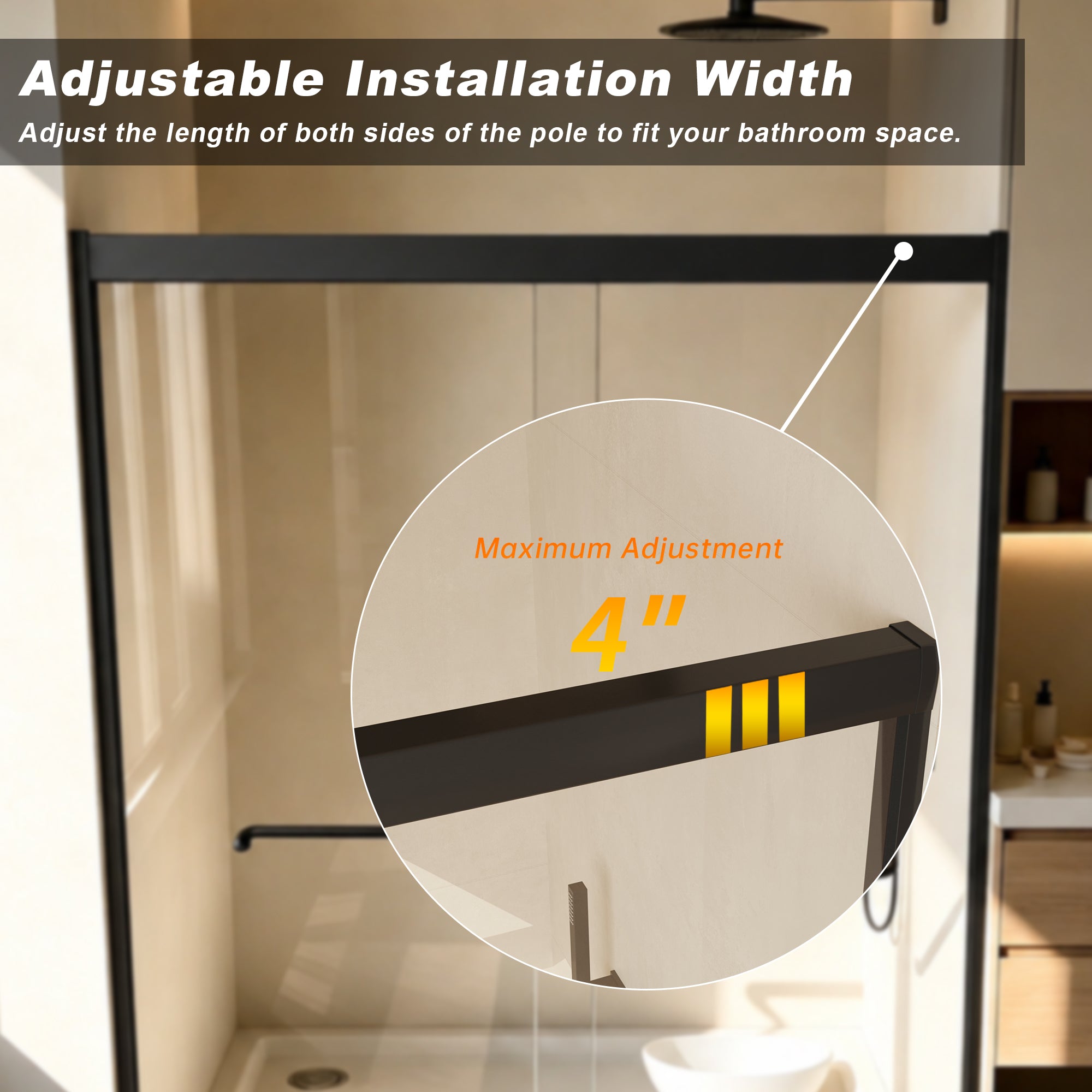 Sliding shower door 44-48 inch matte black angled view