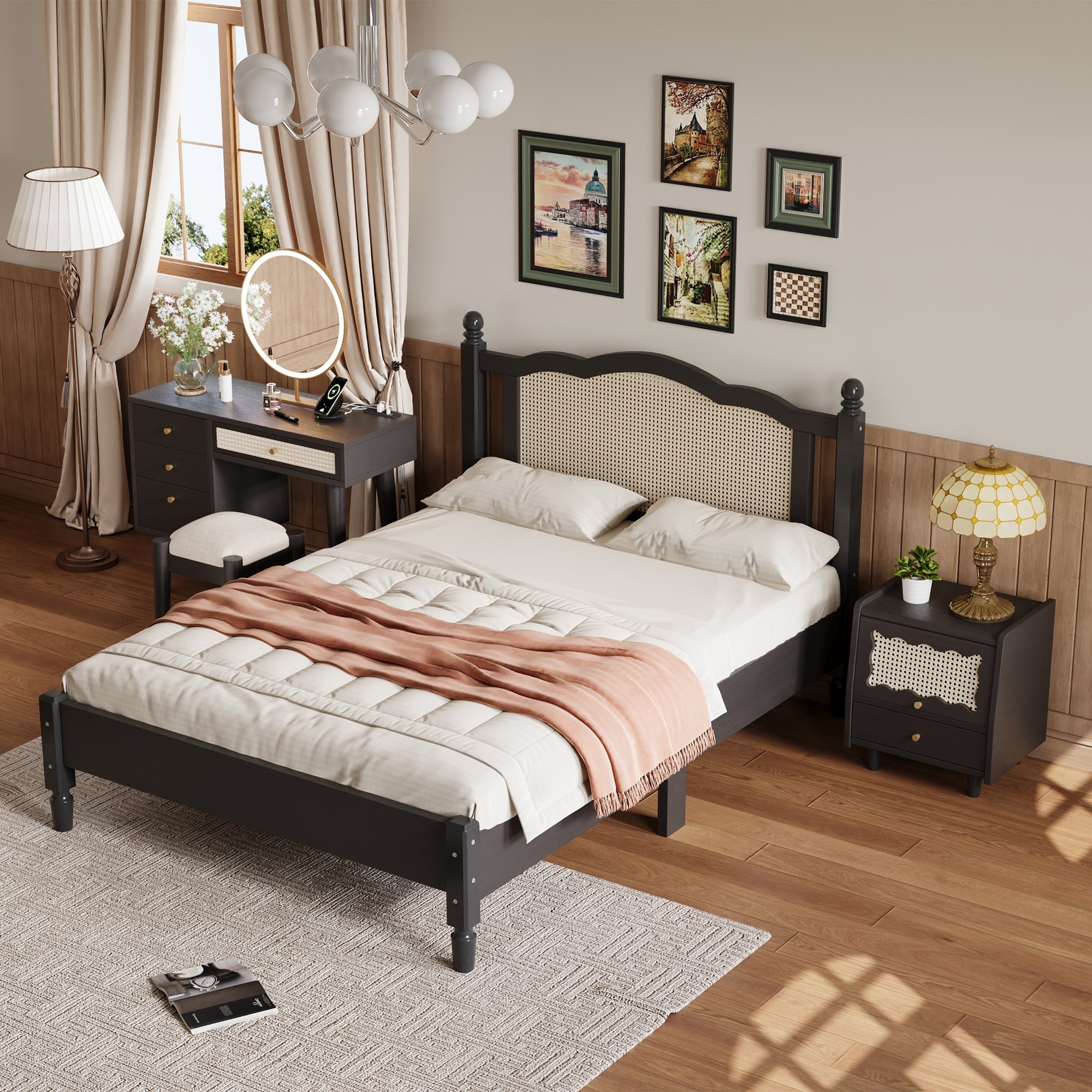 3 Pieces Bedroom Set with Full Size Wooden Bed Frame, 1 Vintage Nightstand and 1 Makeup Vanity Set with Stool,Black