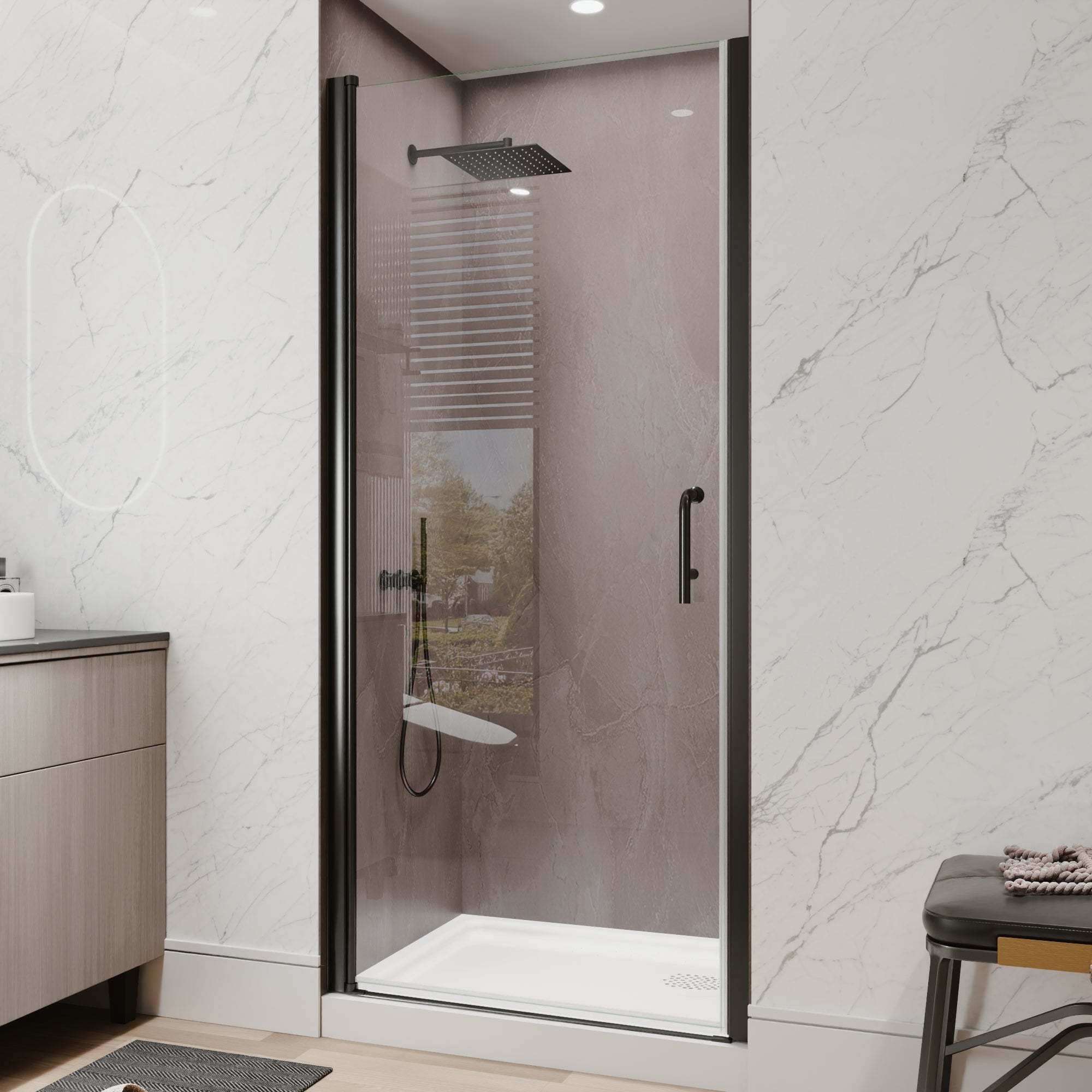 Matte black pivot shower door angled view