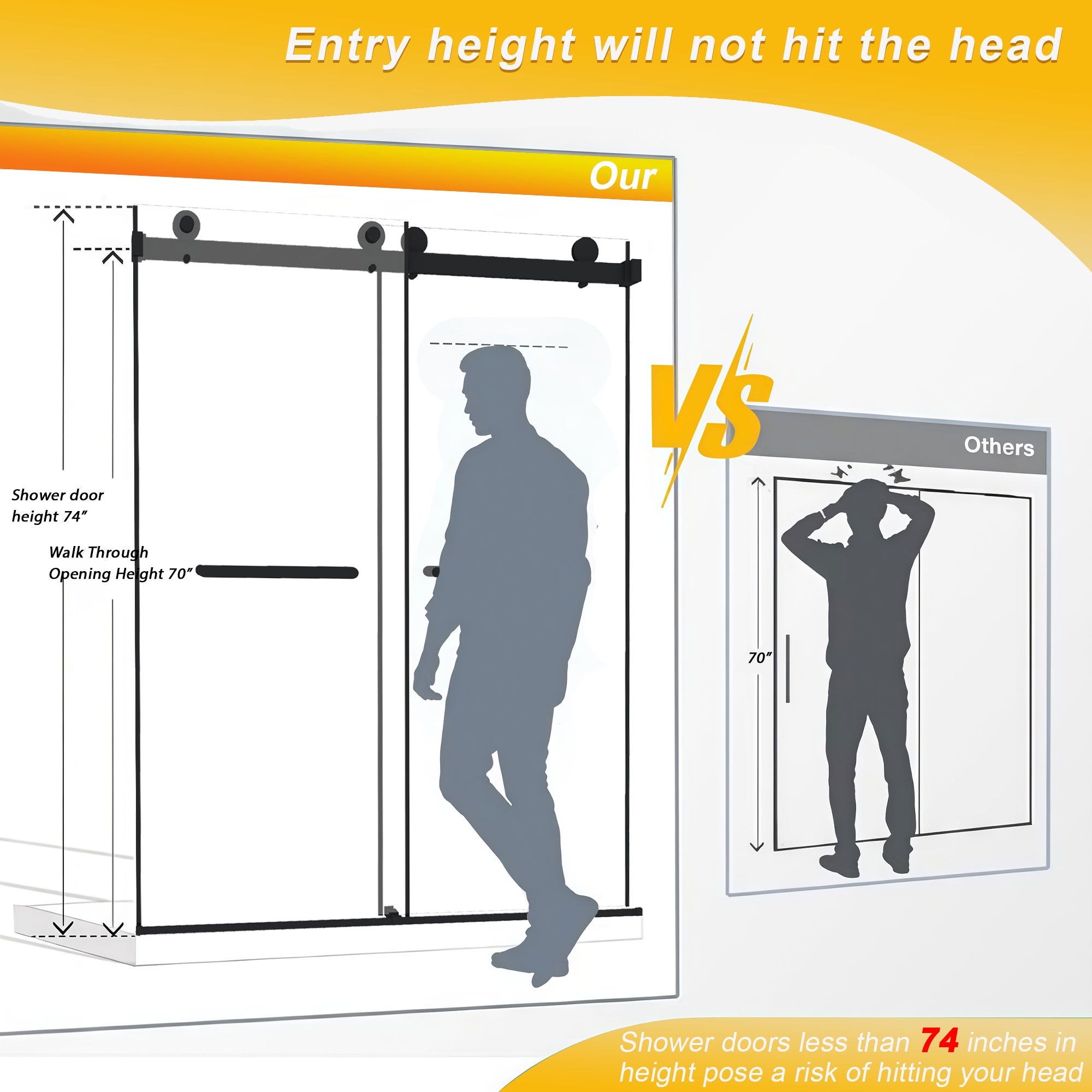 56-60 x 74 in Frameless Double Sliding Square-Tube Shower Door - 56-60 x 74 in / Brushed Gold / Square Tube view 8