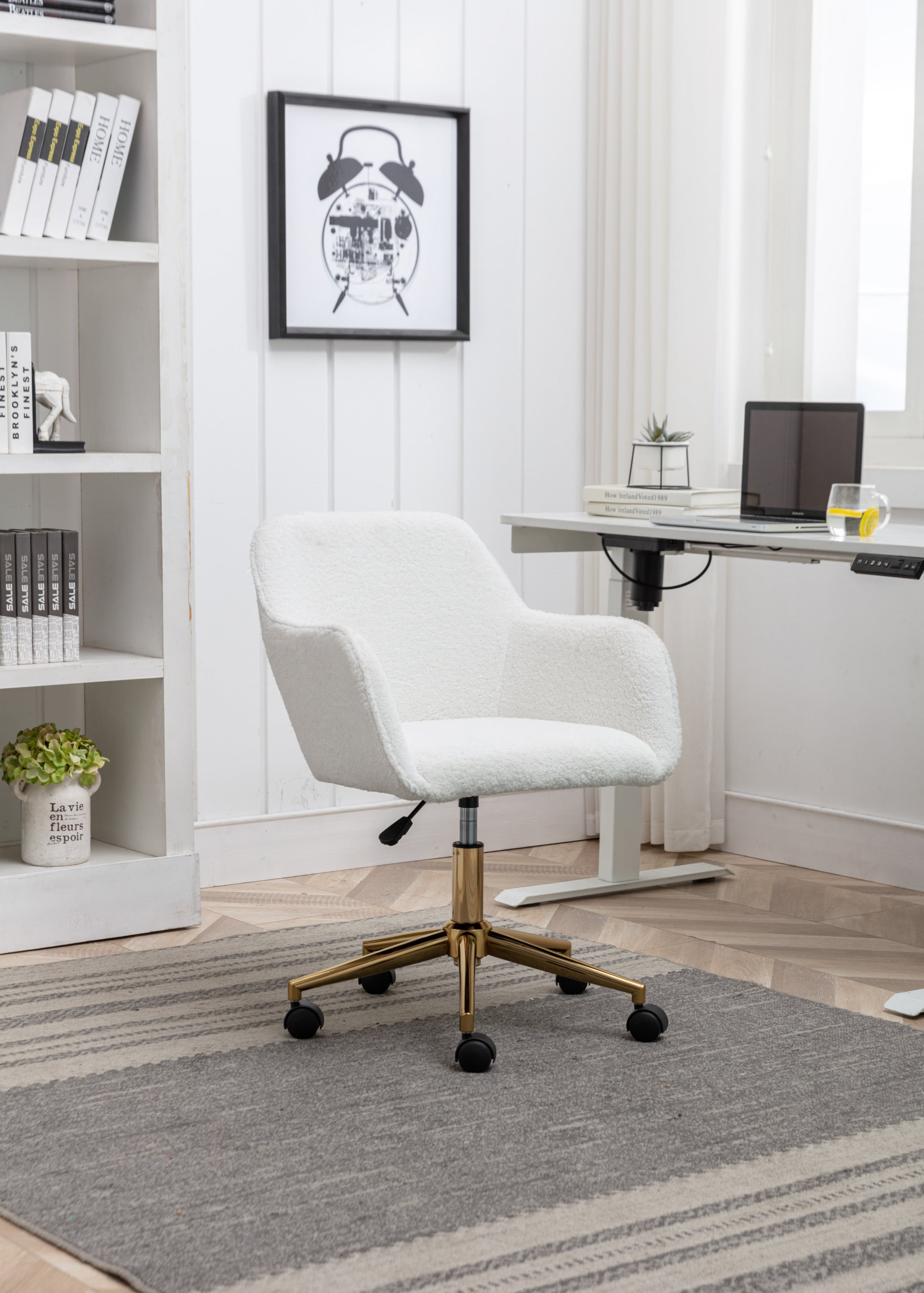 Modern Teddy Fabric Material Adjustable Height 360 Revolving Home Office Chair With Gold Metal Legs And Universal Wheel For Indoor,White