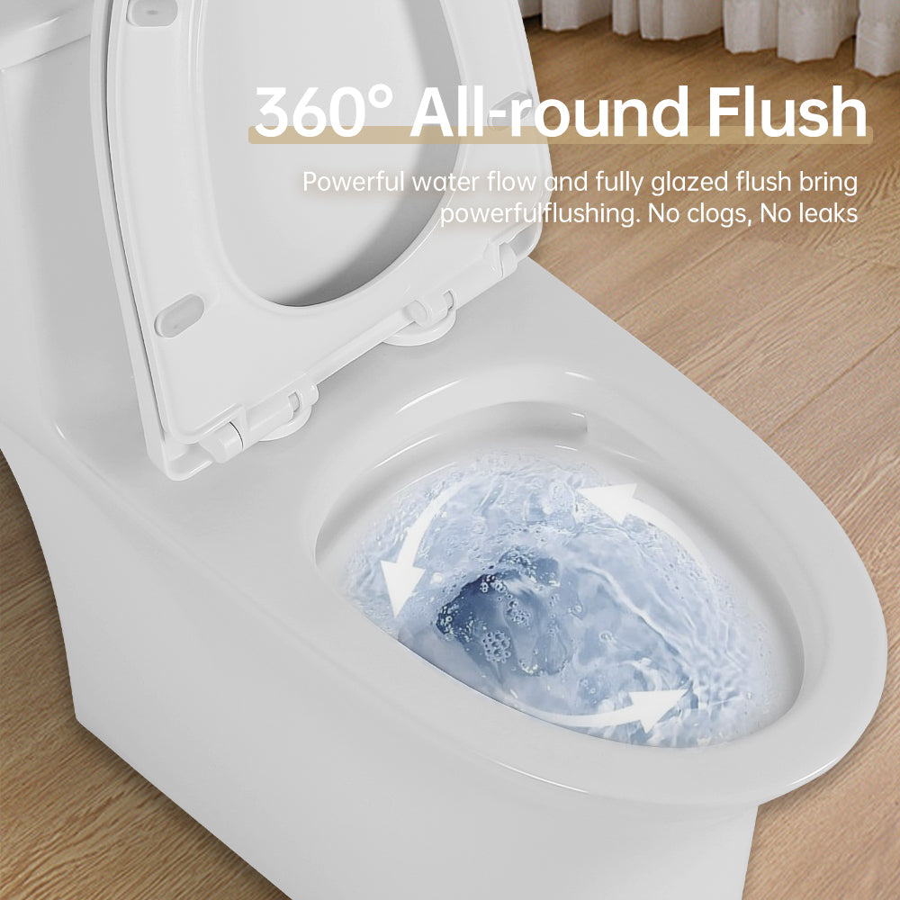 1.1/1.6 GPF Elongated Comfort Height Floor Mounted One-Piece Toilet, CUPC Certified, WaterSense Cetified, Ceramic, White Color, Soft Close Seat T039WT