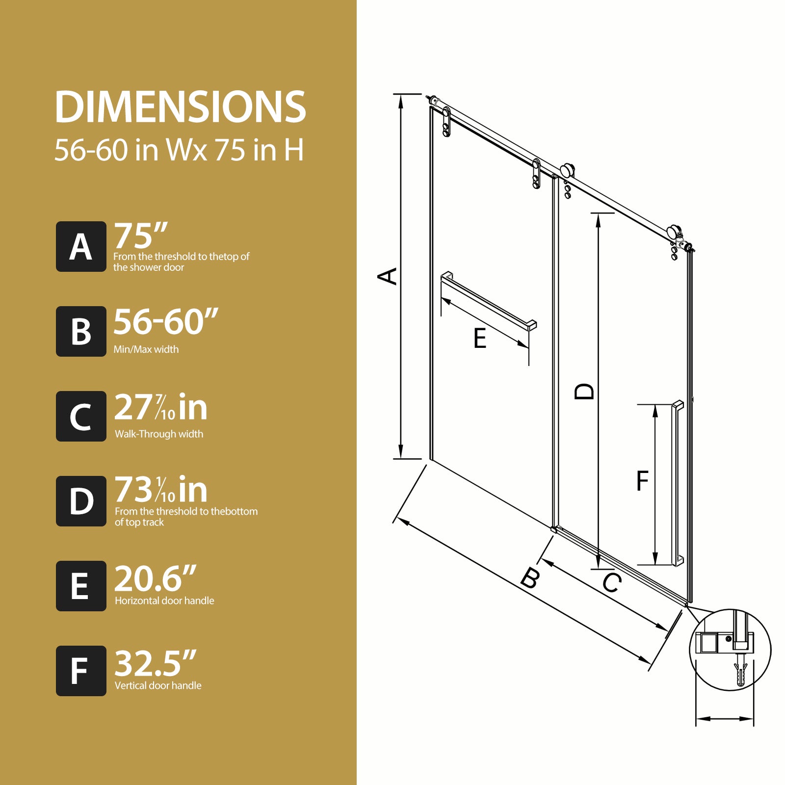 56-60 x 75 in Frosted Frameless Sliding Shower Door - 56-60 x 75 in / Matte Black / Frosted Glass view 3