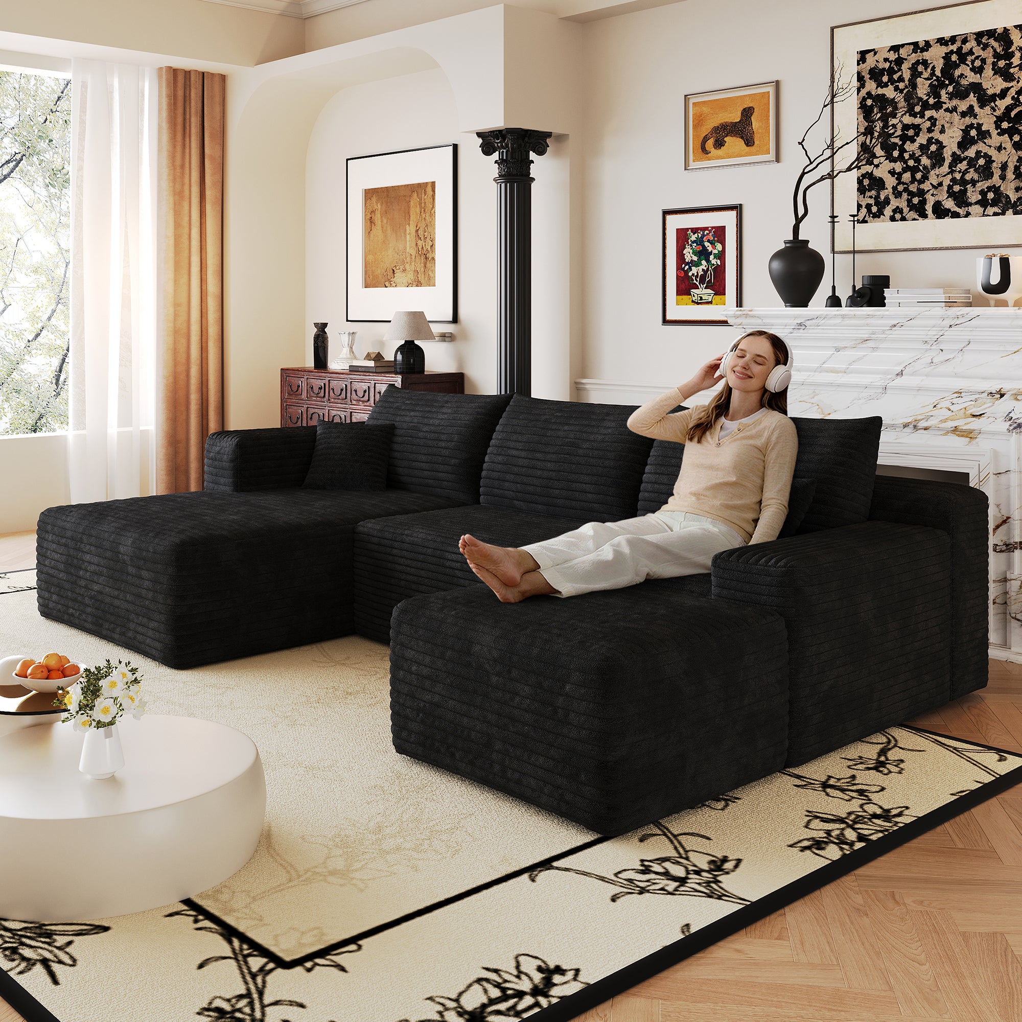 Black corduroy sectional corner couch 103 inch angled view