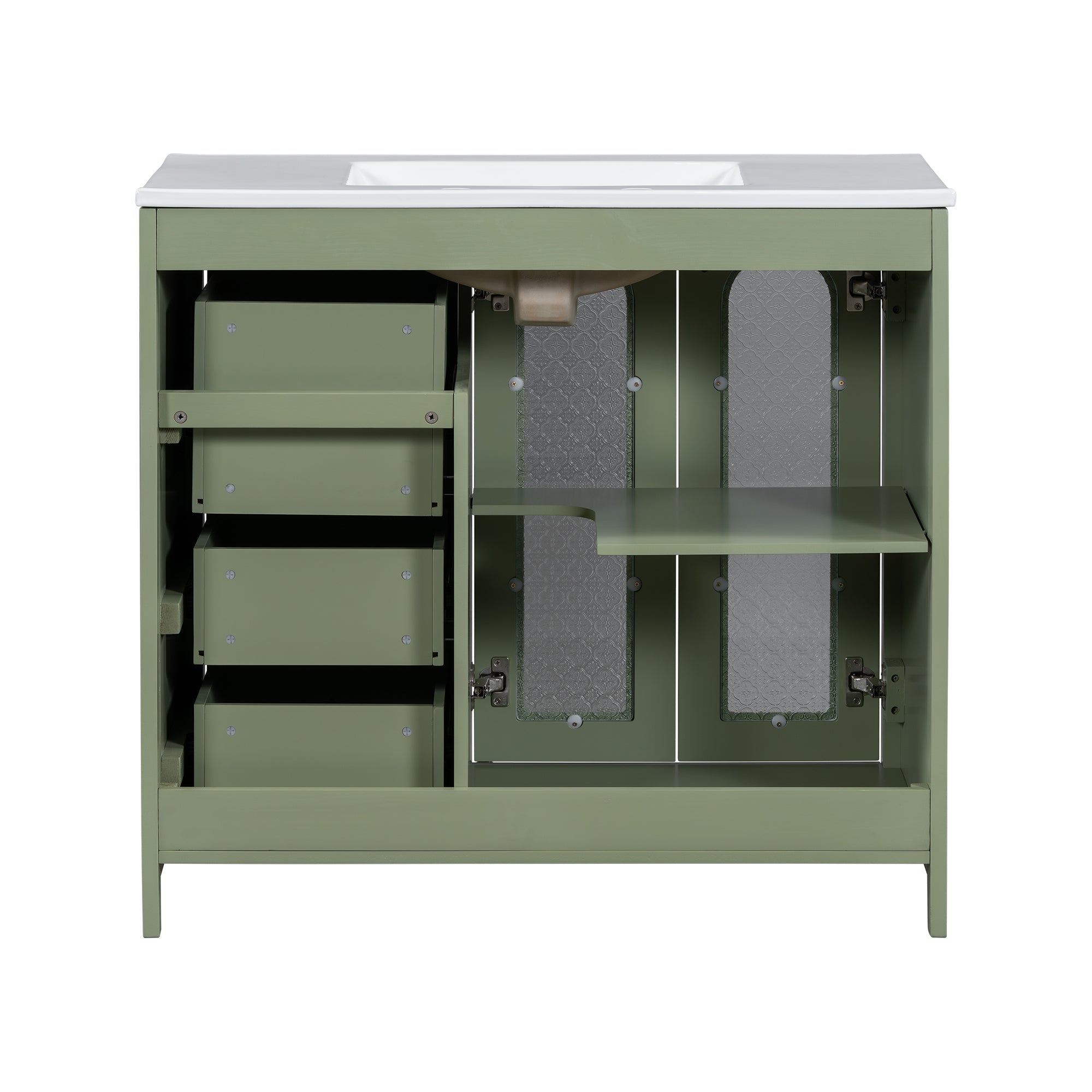 36-inch bathroom vanity with two soft close doors, adjustable shelves and three drawers