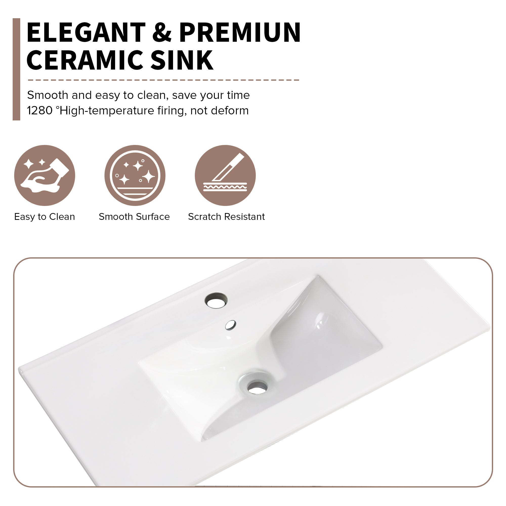 36 Inch Bathroom Ceramic Sink Basin, White