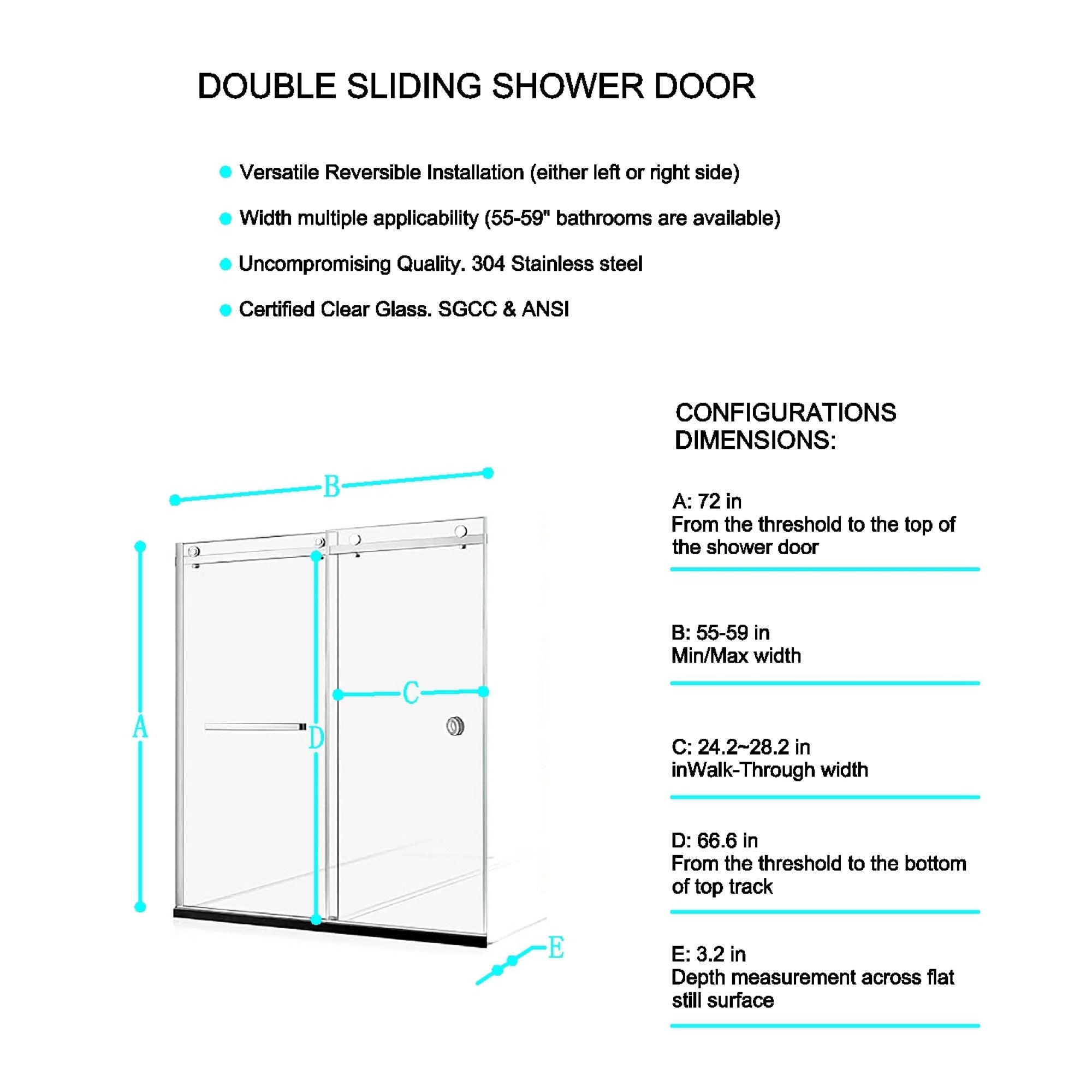 Frameless sliding shower door 72 in tall brushed gold angled view