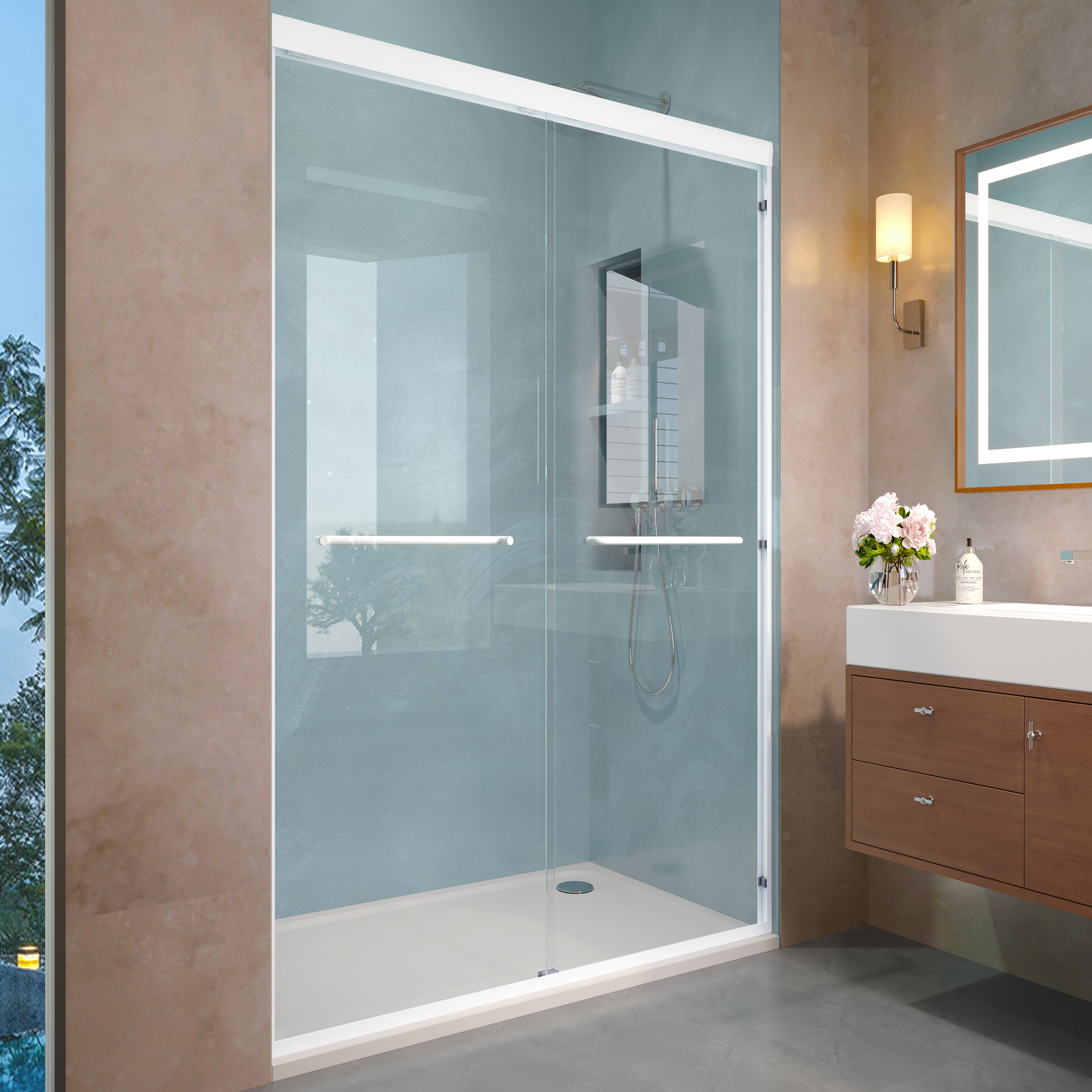 Double sliding shower door 44-48 in. white semi-frameless front view
