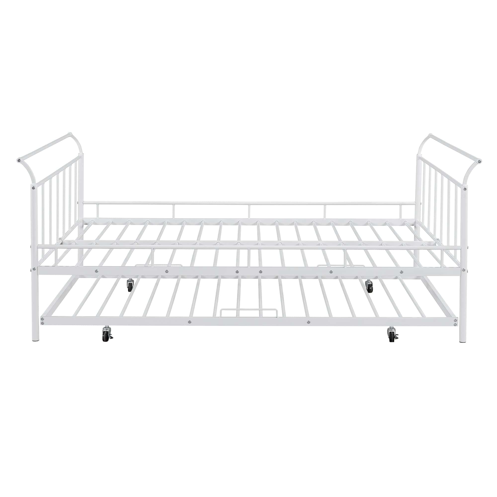 Full Size Metal Daybed with Curved Handle Design and Twin Size Trundle, White