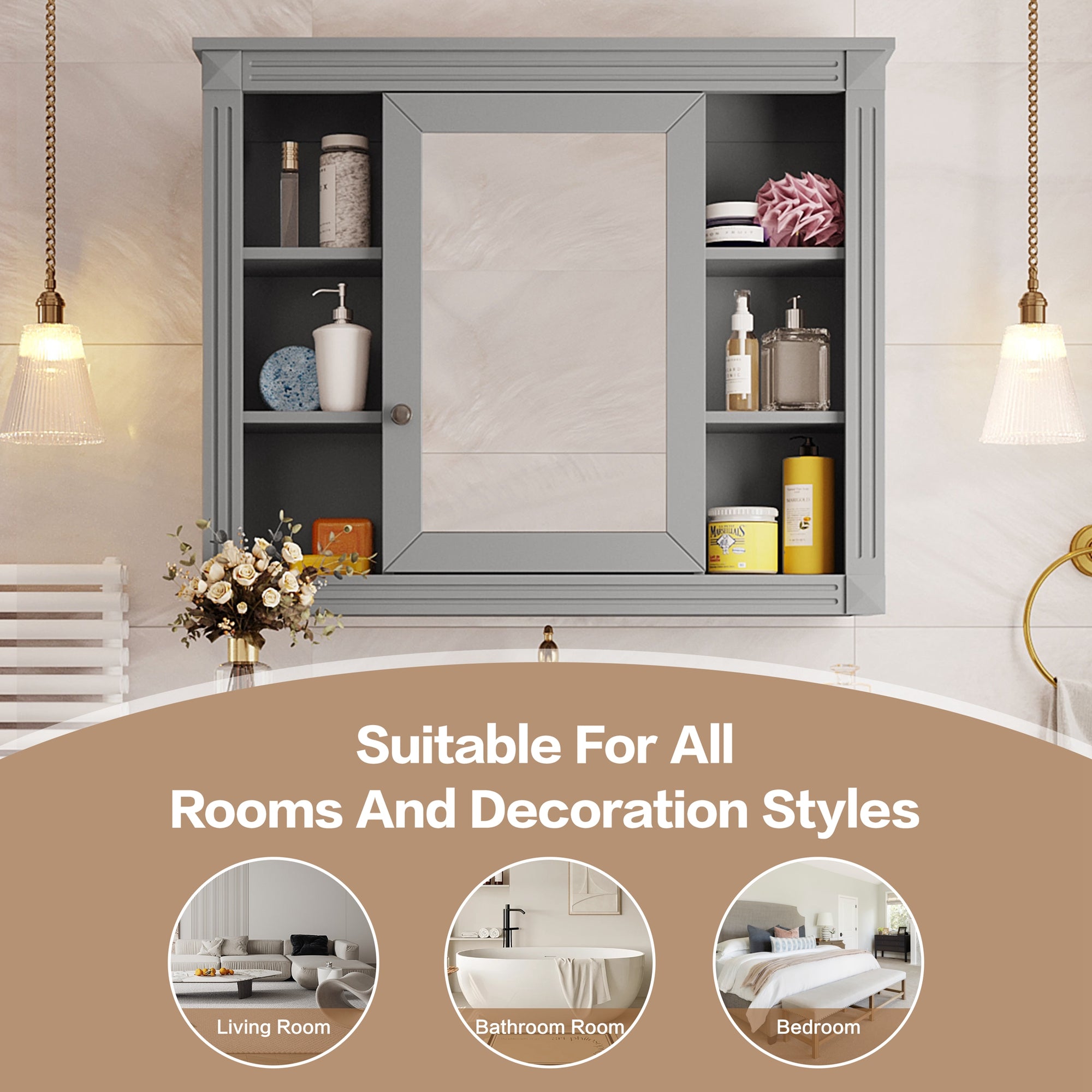 35 x 28 inch modern bathroom wall cabinet with mirror, open shelf storage view