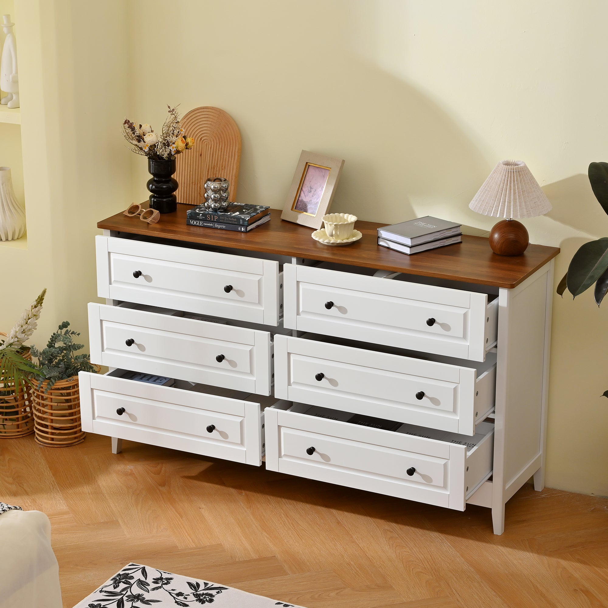 White wood 6-drawer dresser, angled view