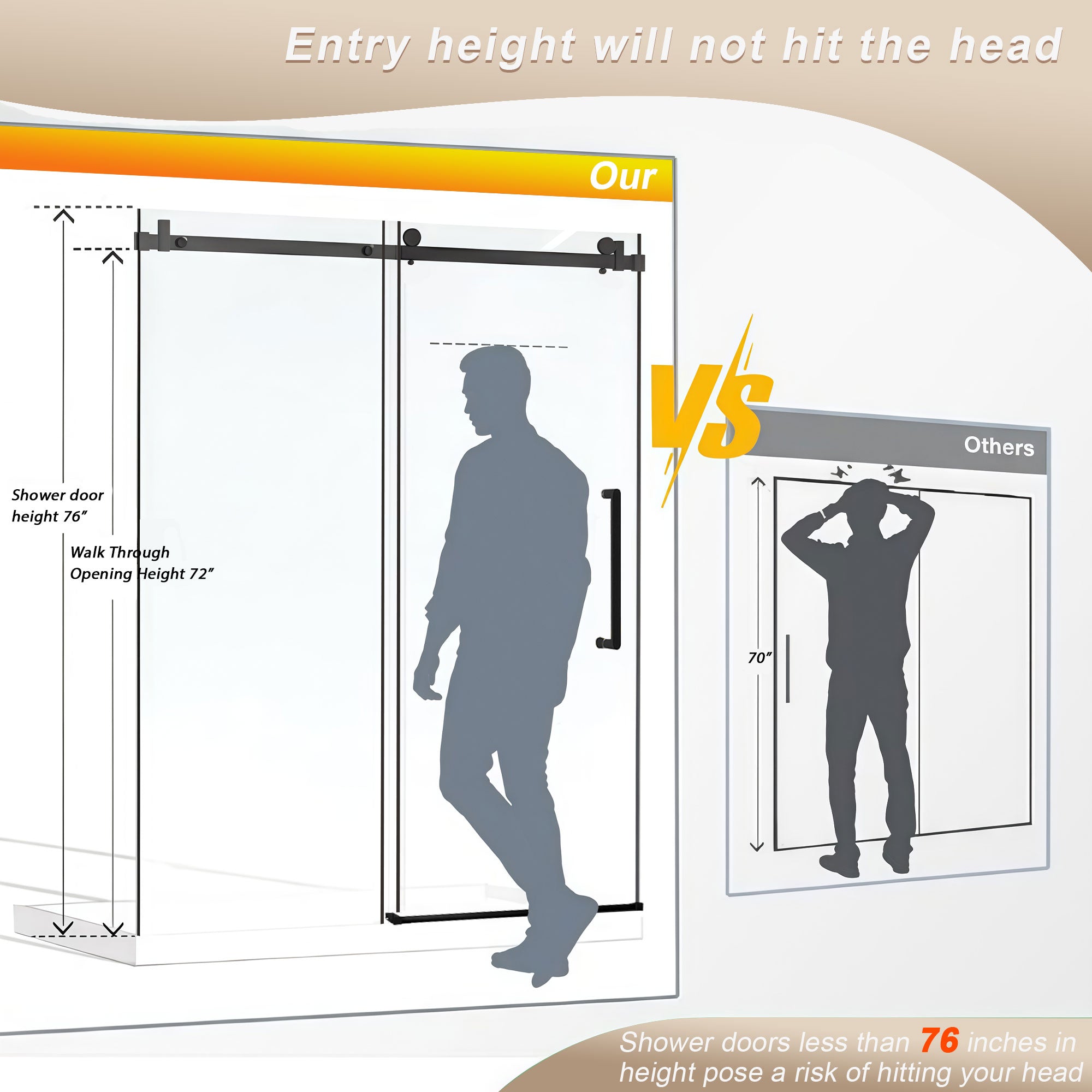 48 x 76 in Frameless Single Sliding Square-Tube Shower Door - 48 x 76 in / Brushed Nickel / Square Tube view 7