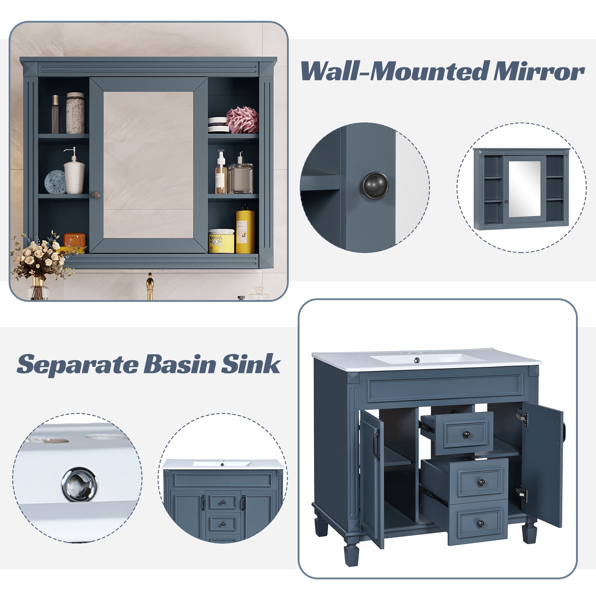 36-inch royal blue modern vanity with mirror cabinet in bathroom setting
