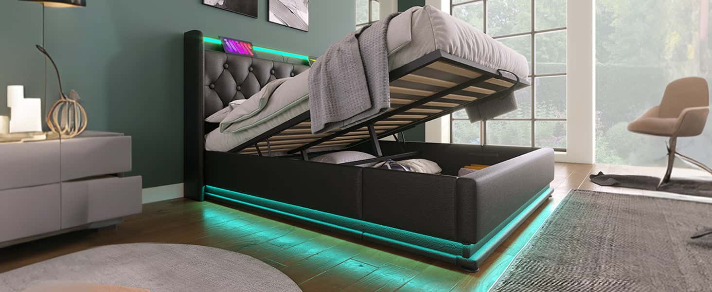 Queen size Upholstered bed, 360 surround LED function, Buttons/Apps/Remote Control, hydraulic storage bed with USB Type-C charging, Black,PU (Without mattress)