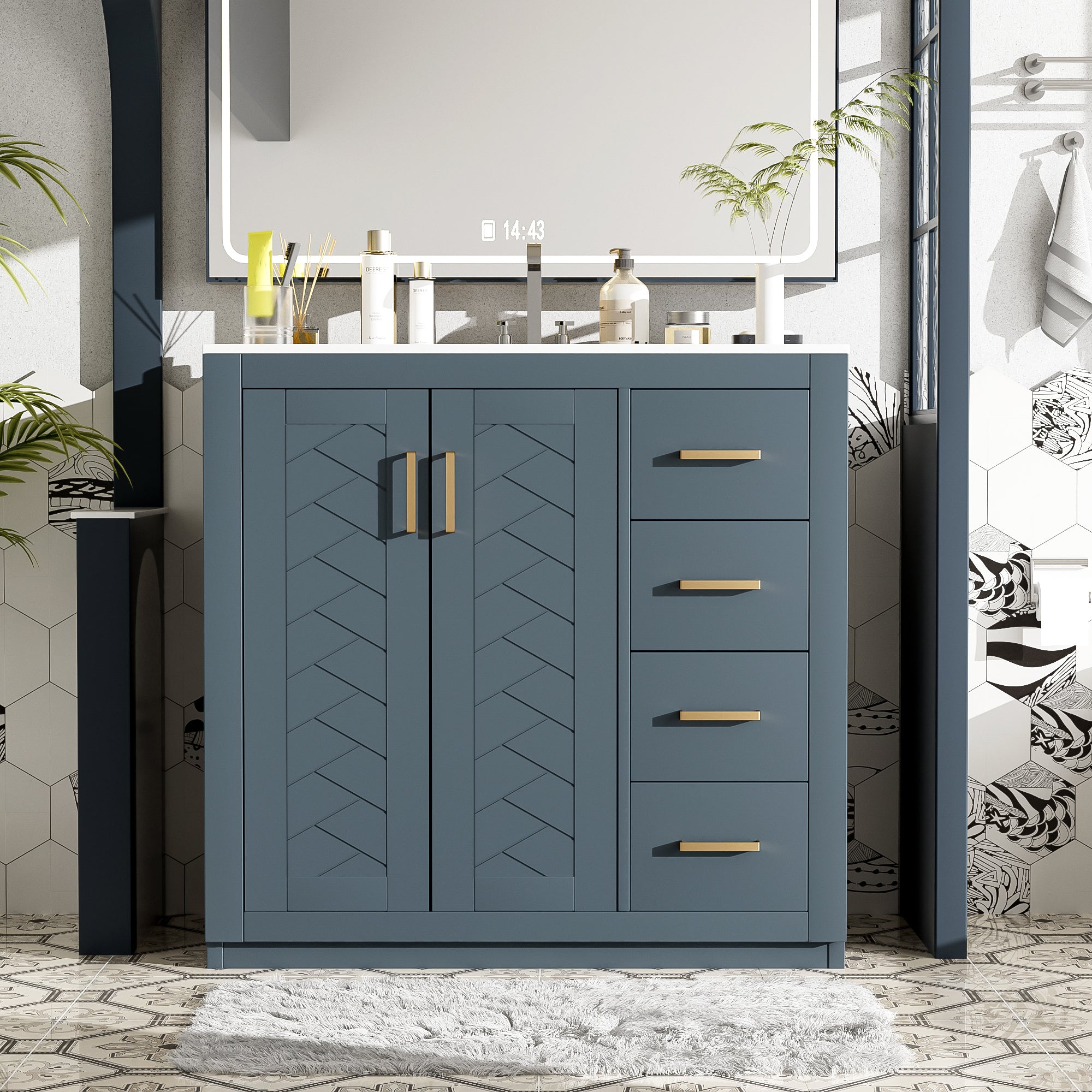 36-inch freestanding bathroom vanity with white ceramic sink, front view