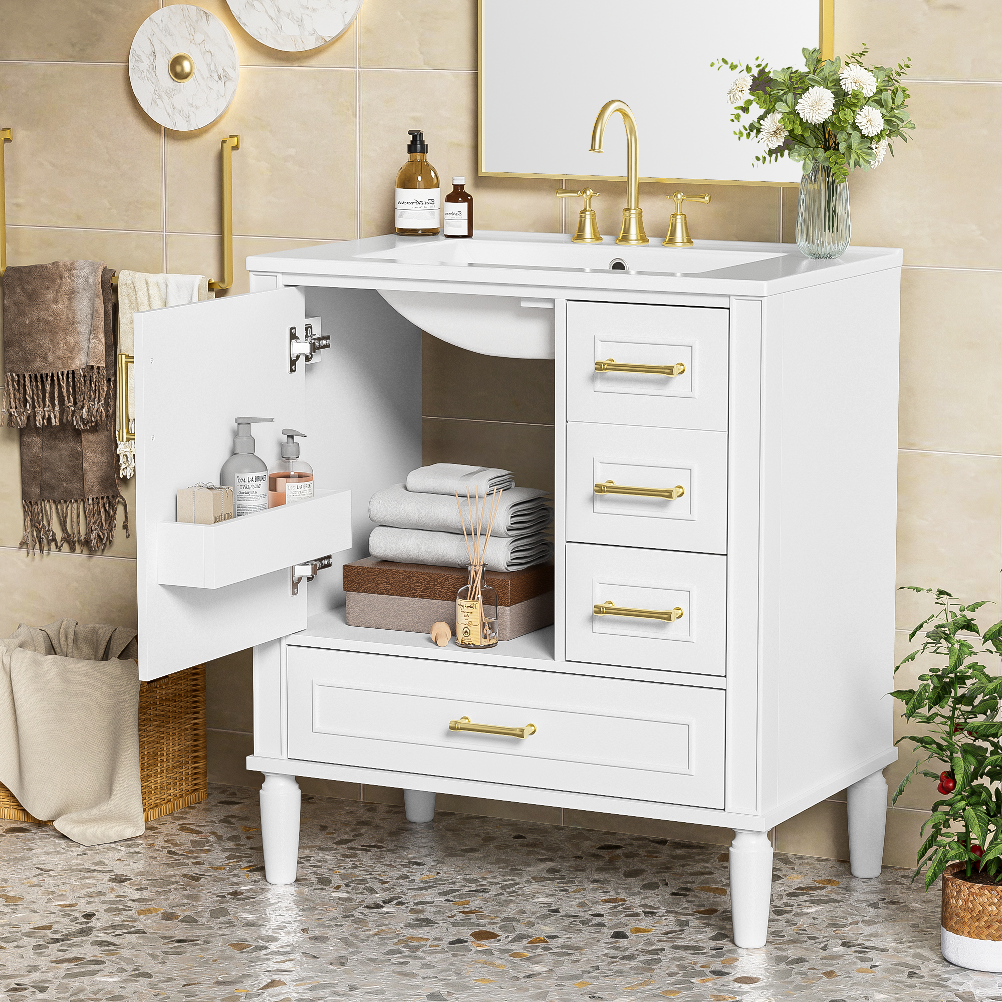 30-inch bathroom vanity with soft-close door and drawers, angled view