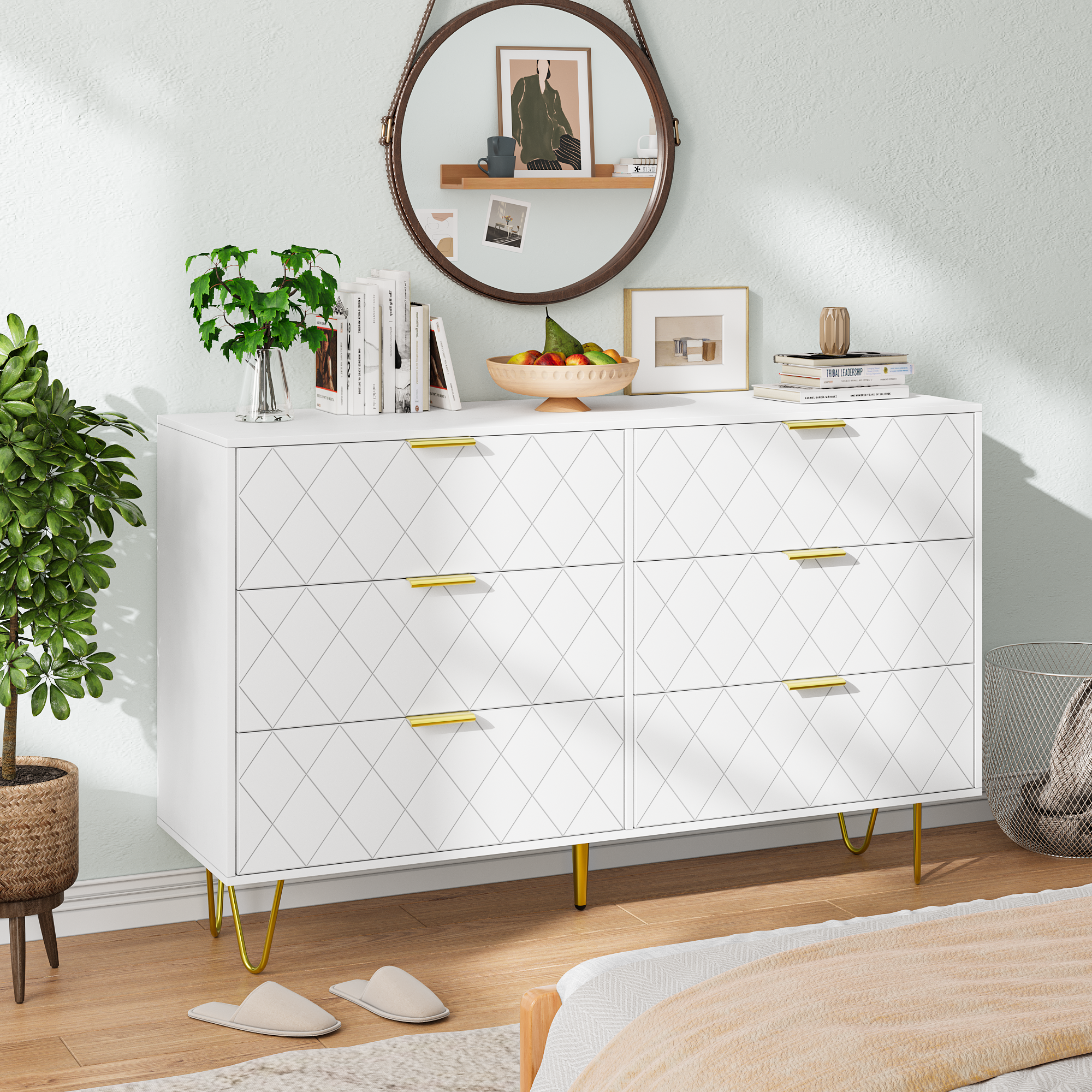 Modern white 6 Drawers for Bedroom,Big Size Wooden drawers with Gold Handles, Chest Dresser with Deep Drawers for living room