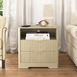 Wood bedside nightstand with charging station and night light, front view