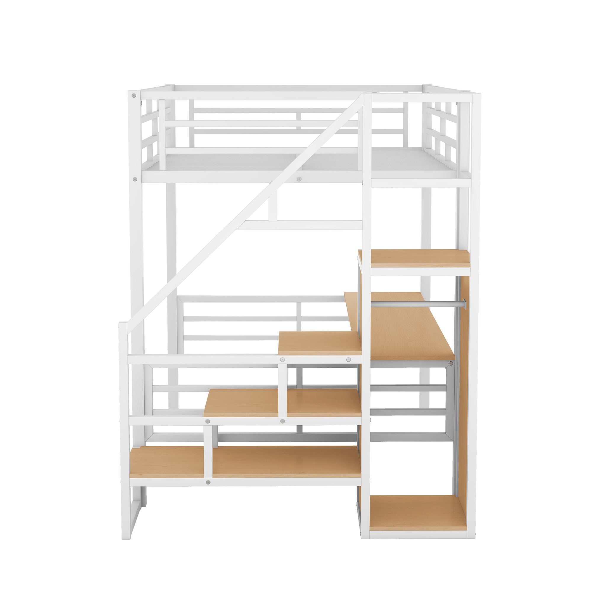 Full Size Metal Loft Bed with Desk, Storage Staircase and Small Wardrobe, Storage stairs can be installed left and right, White
