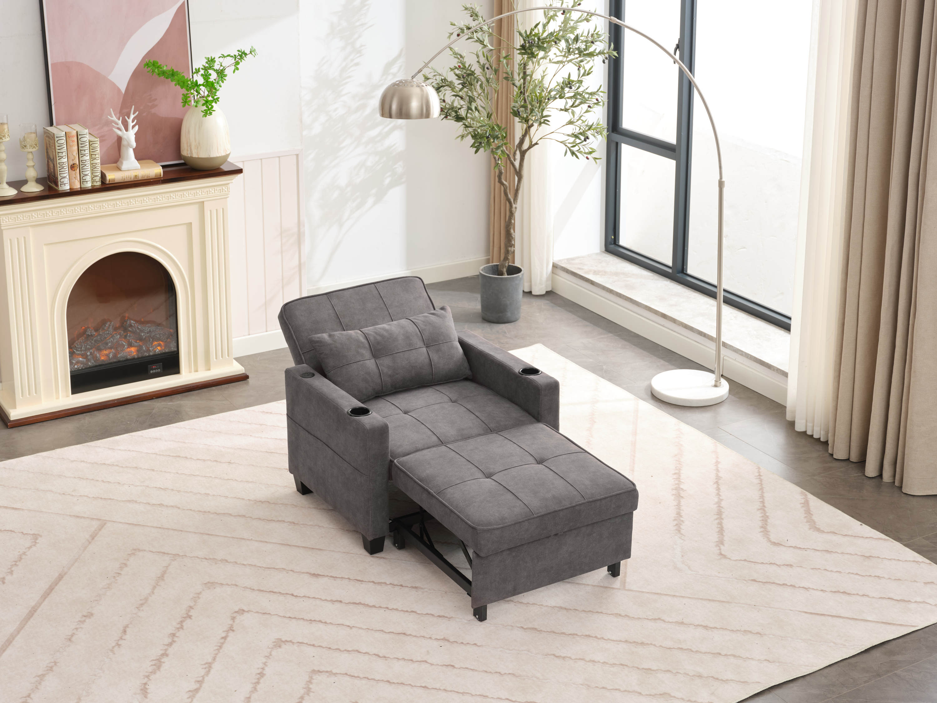 Futon Chair Bed Convertible Chair 3-in-1 Pull Out Sleeper Chair Beds with USB Ports,Wear-resistant and Anti-scratch, Armchair Bed Sleeper for Living Room (Dark Grey Scratch Cloth)