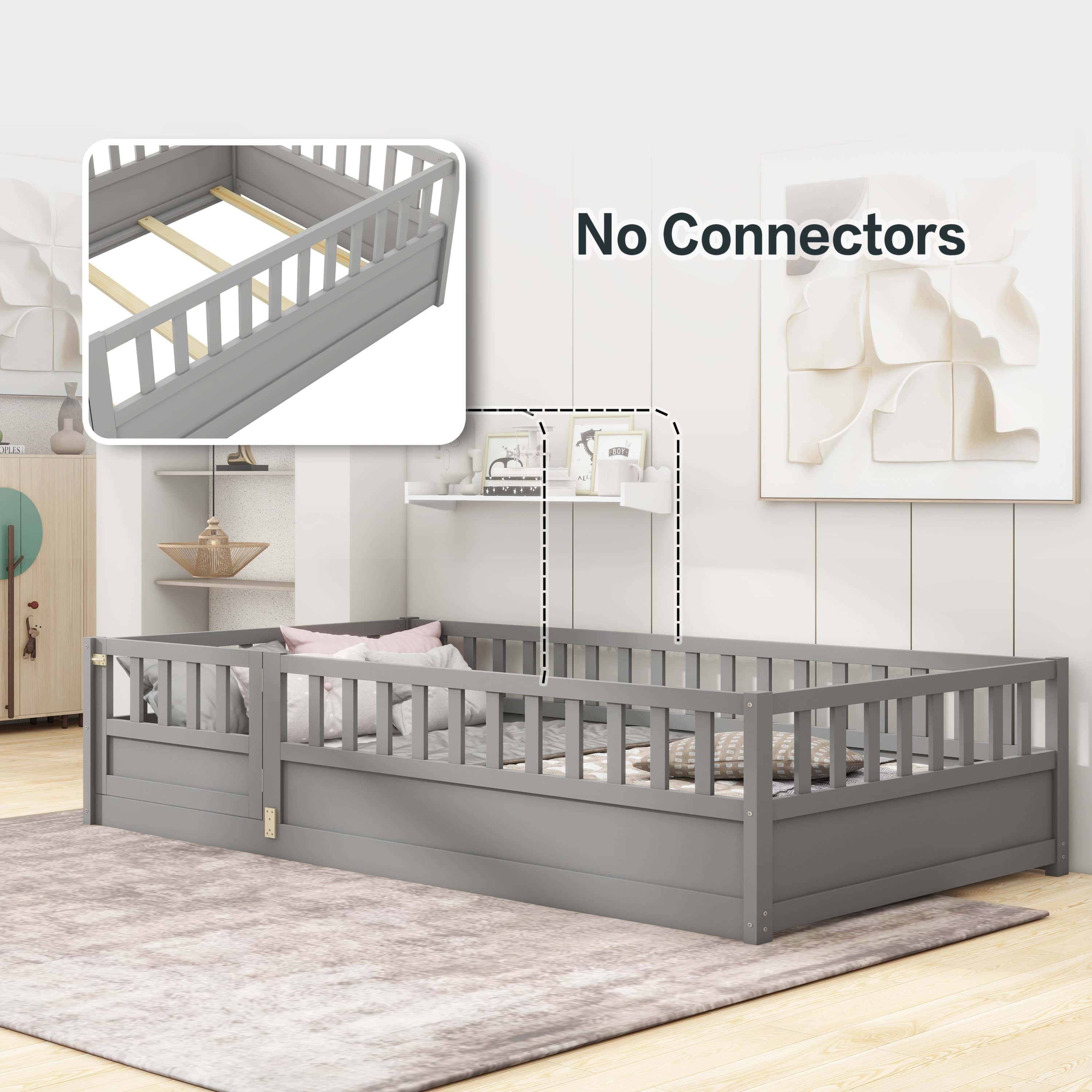Twin Size Floor bed, integral construction with super high security barrier, door, children's floor bed frame, Montessori wooden children's floor bed, Support slat Grey