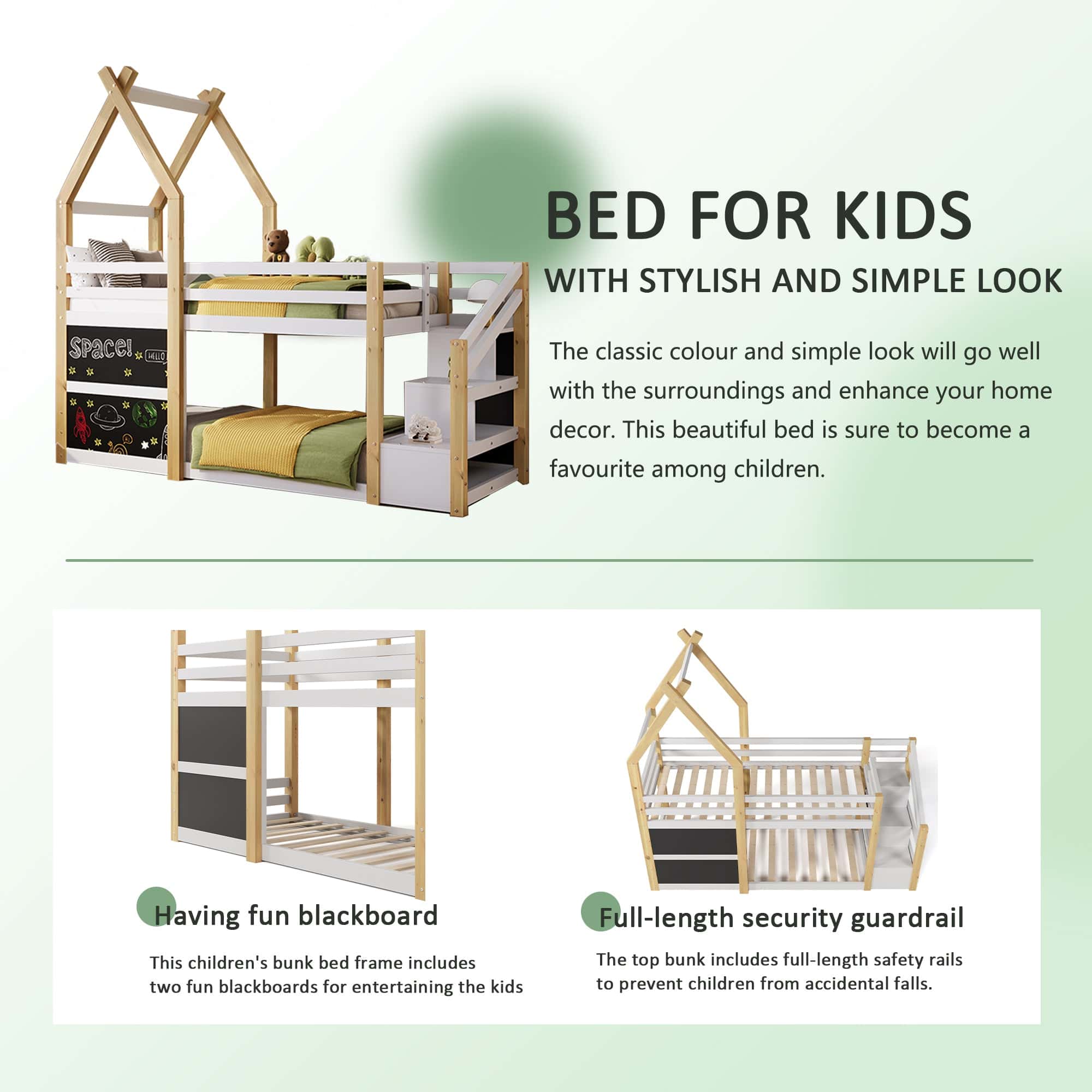 Twin over Twin House Bunk Bed with White Storage Staircase and 2 Blackboards, White and Natural