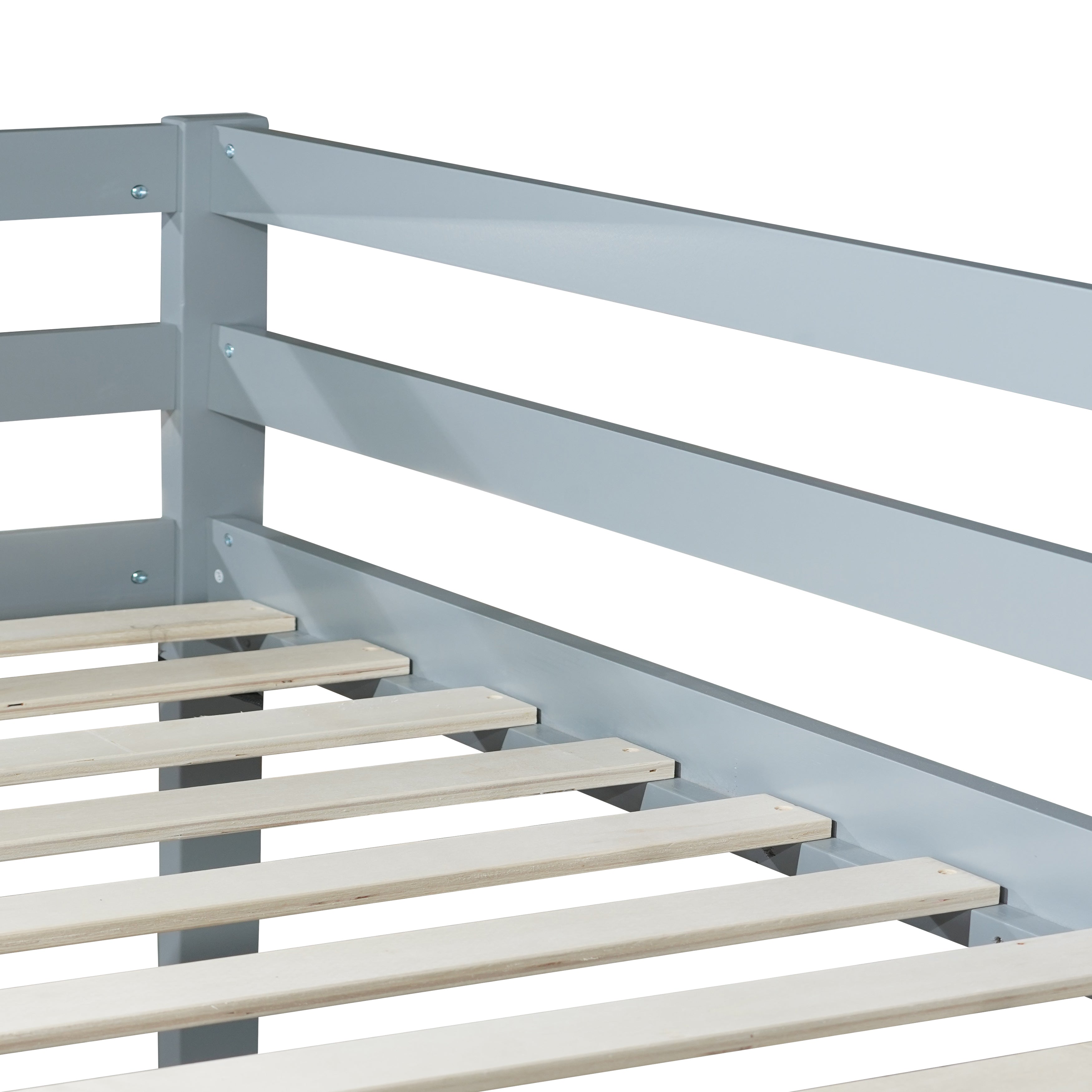 Twin over twin wood bunk bed, grey, ladder detail