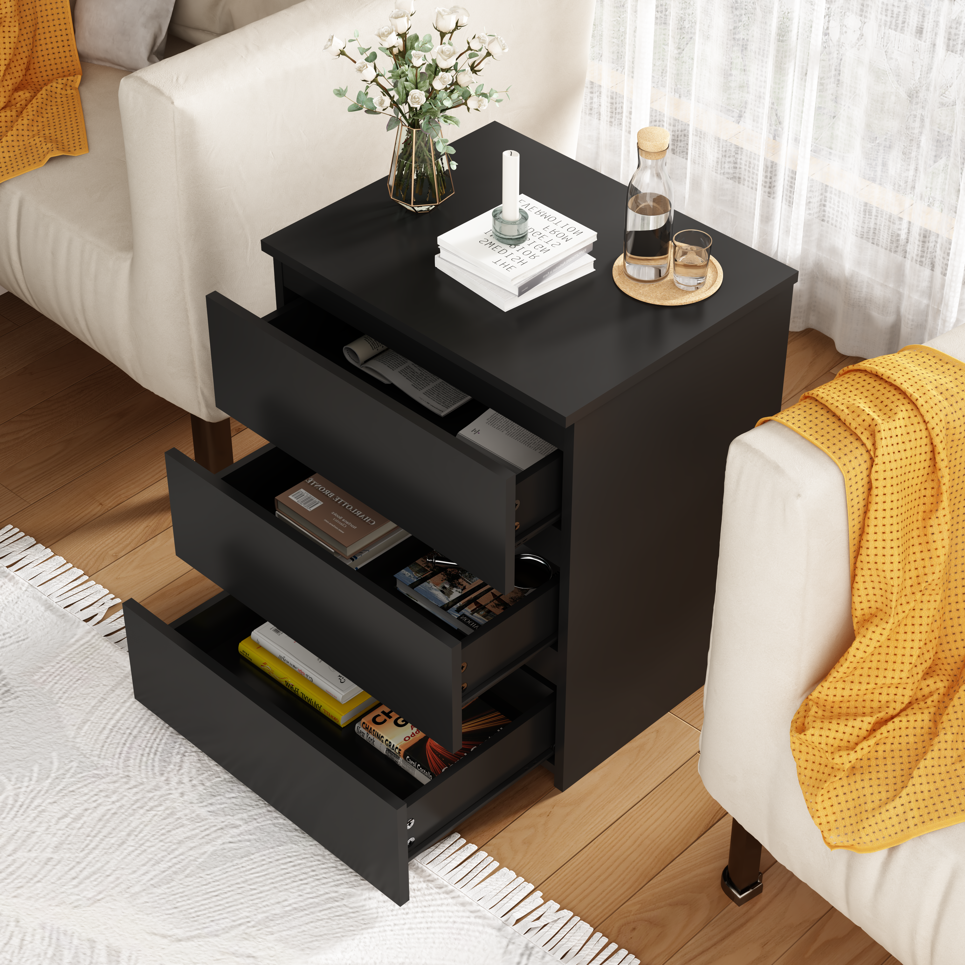 Small wooden storage cabinet nightstand, side profile view