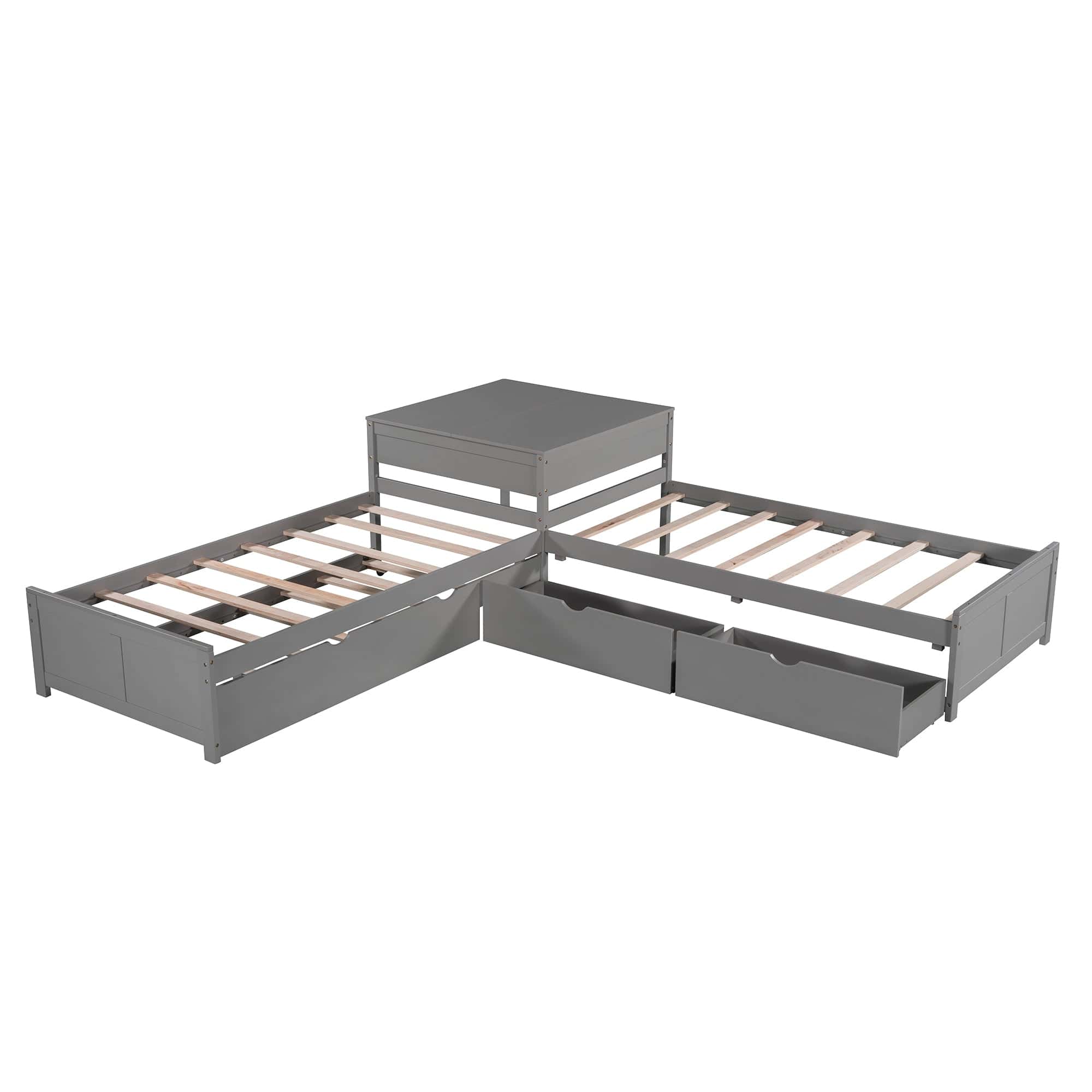L-shaped Platform Bed with Trundle and Drawers Linked with built-in Desk,Twin,Gray(Old SKU:SM000916AAE-1)