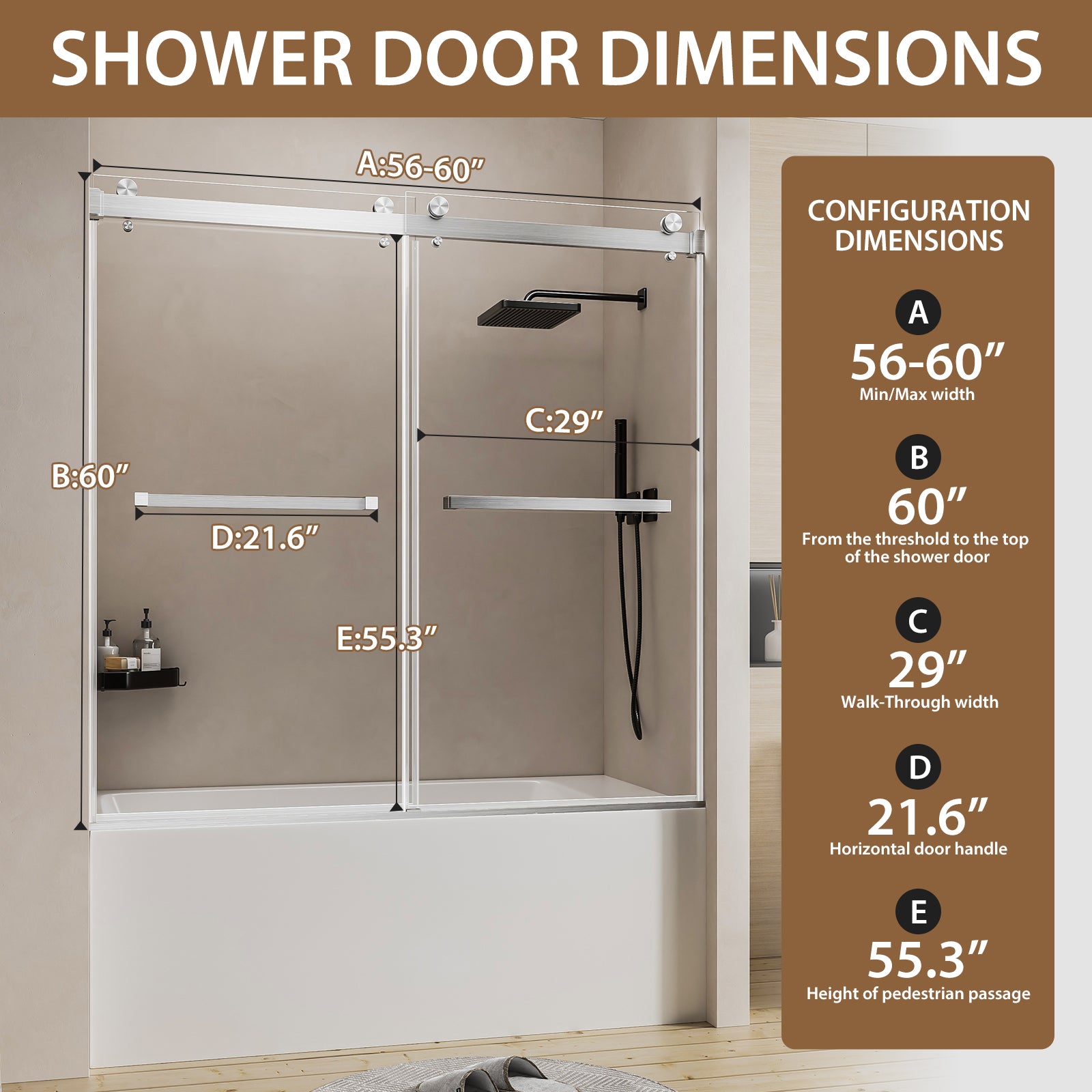 56-60 x 60 in Brushed Nickel Frameless Double Sliding Tub Door - Brushed Nickel view 2