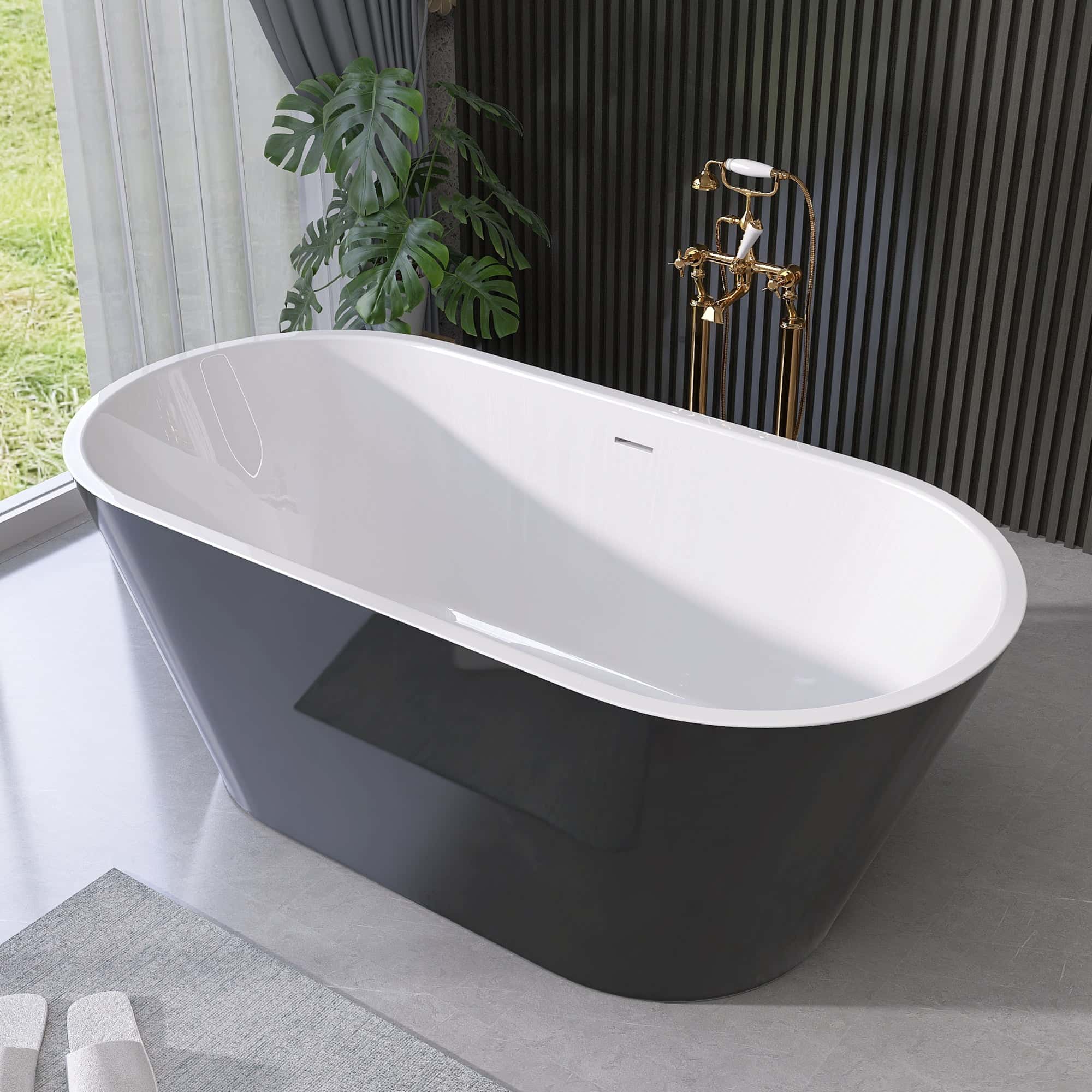 55" Acrylic Freestanding Bathtub Contemporary Soaking White Tub with Overflow and Pop-up Drain Gloss Black