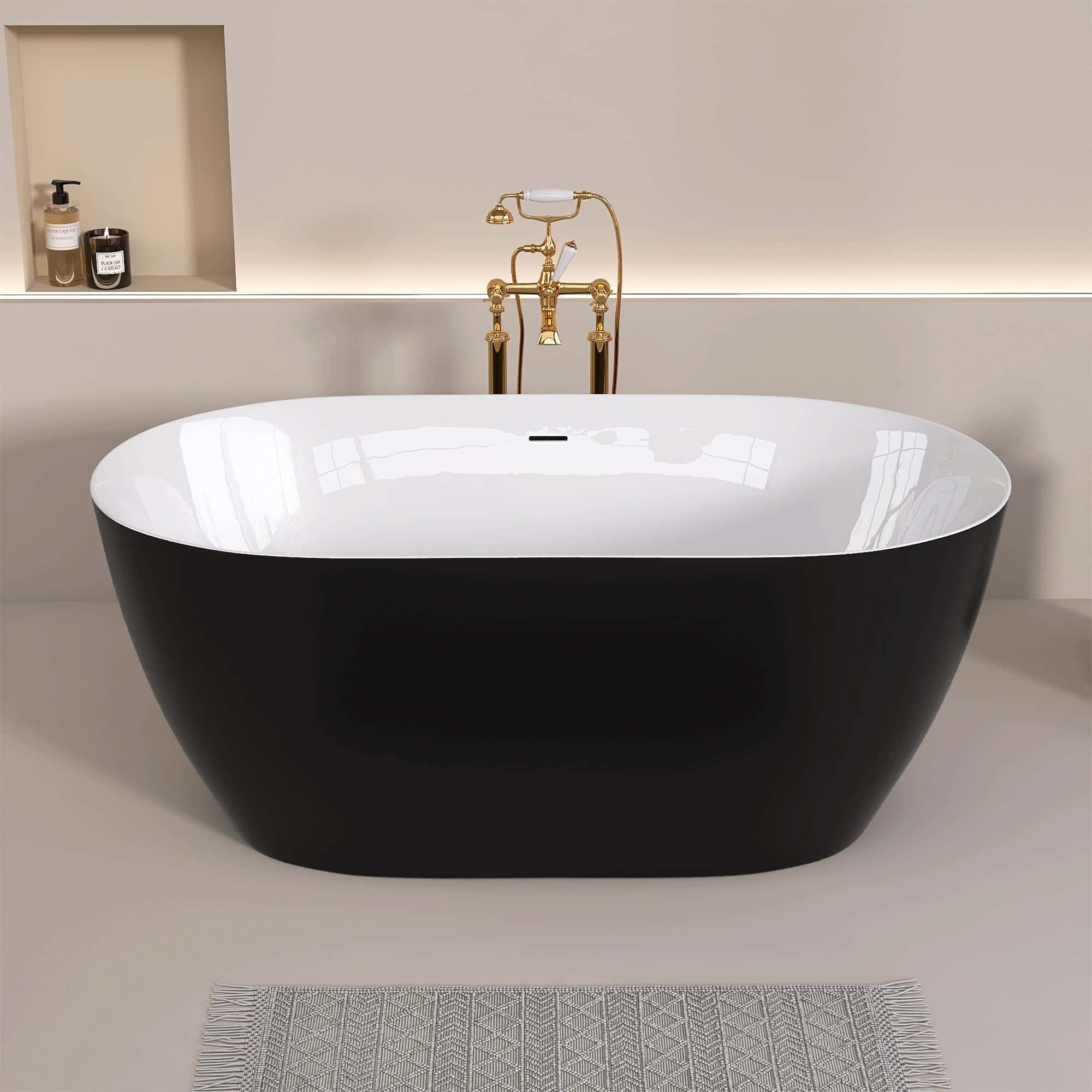 51" Acrylic Freestanding Bathtub Contemporary Soaking White Tub with Overflow and Pop-up Drain Matte Black