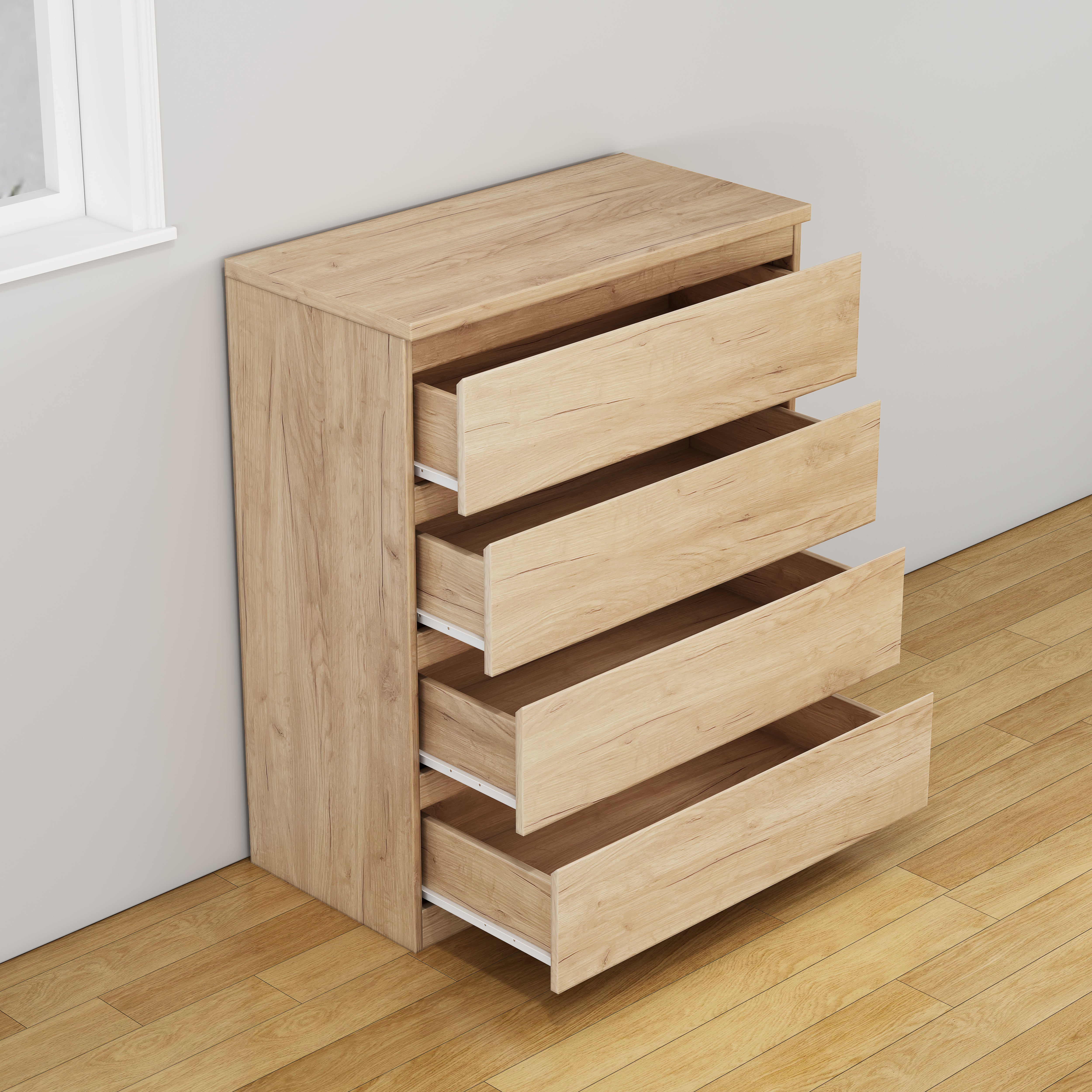 Modern natural chest of drawers, drawer open detail view