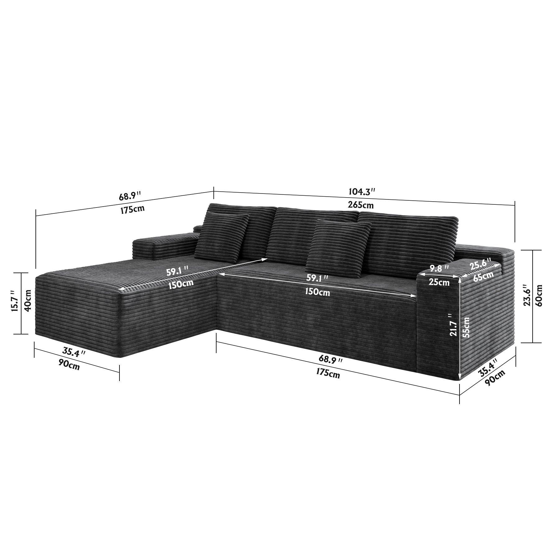 Grey corduroy modular sectional sofa, living room side view