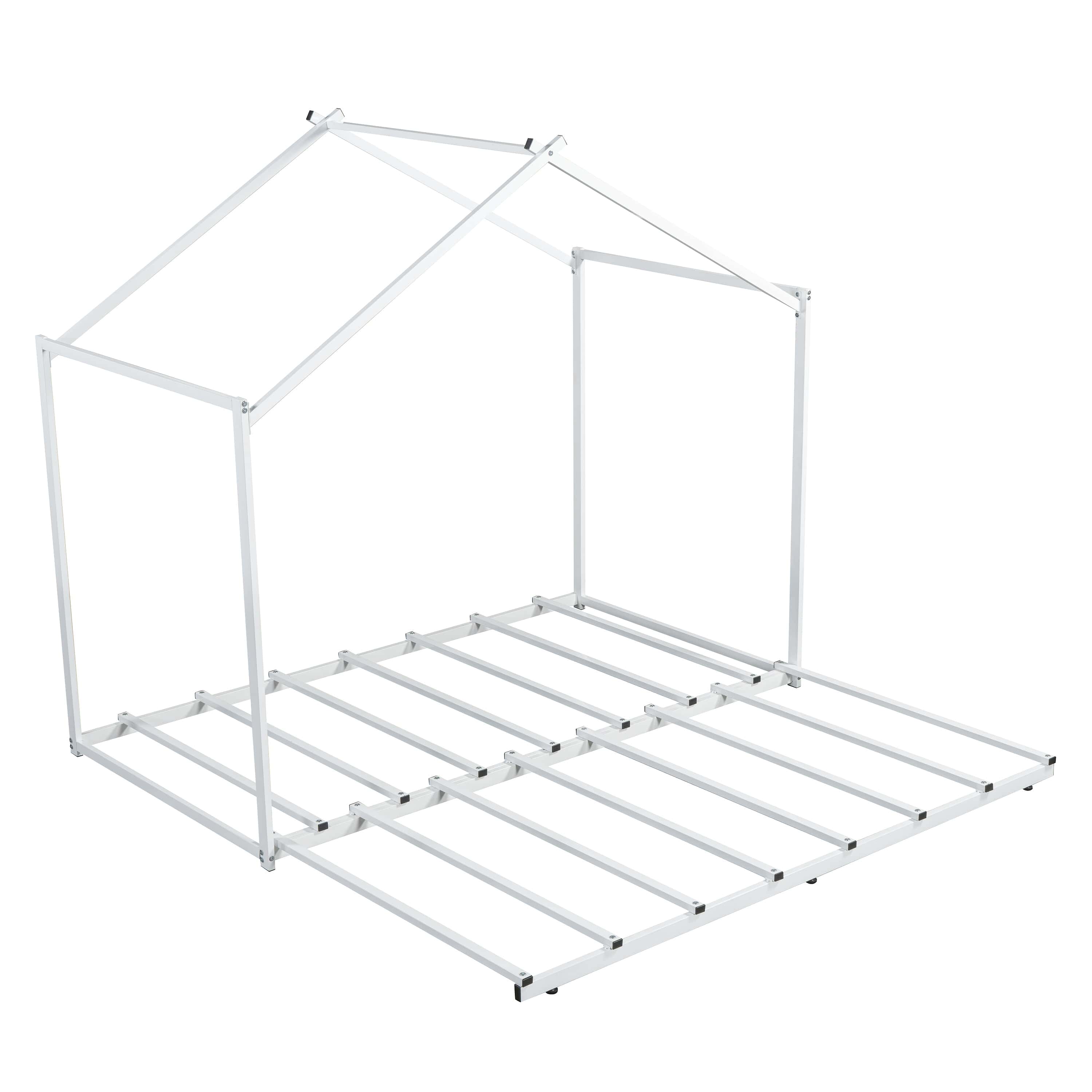 Metal Twin Size House Platform Bed with Trundle, White