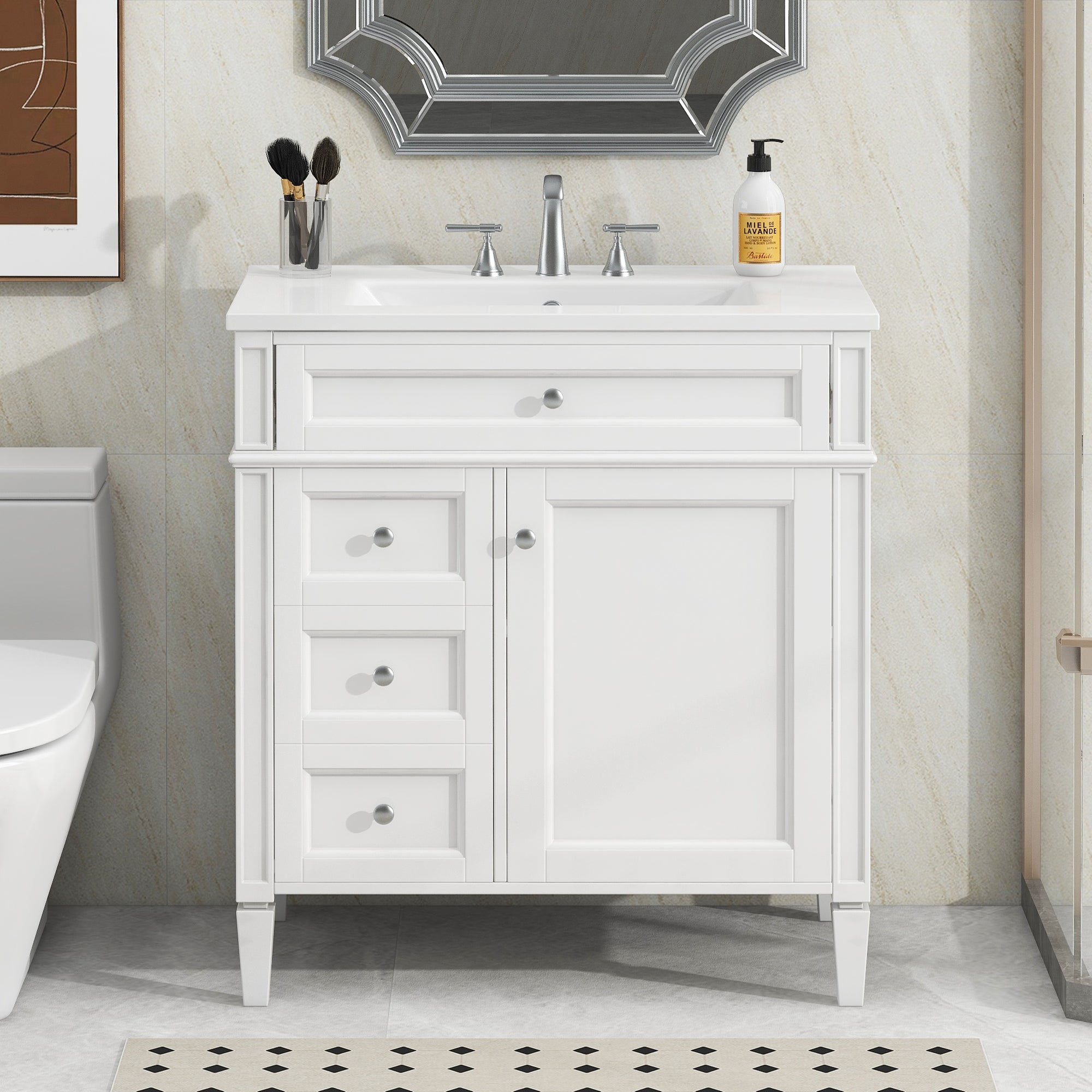 Modern bathroom vanity with 2 drawers and tip-out drawer open