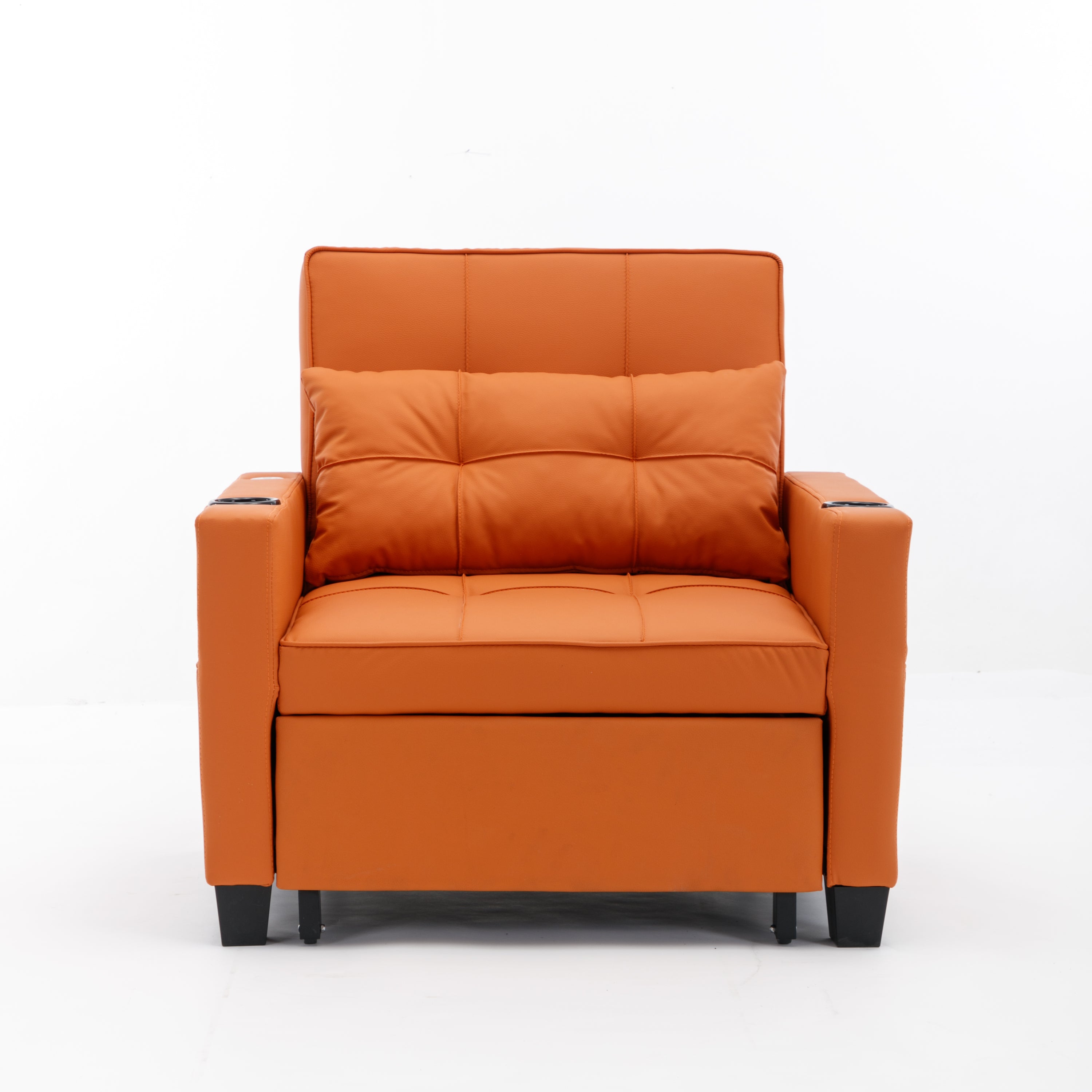 Futon Chair Bed Convertible Chair 3-in-1 Pull Out Sleeper Chair Beds with USB Ports,Wear-resistant and Anti-scratch, Armchair Bed Sleeper for Living Room (Orange Leather)