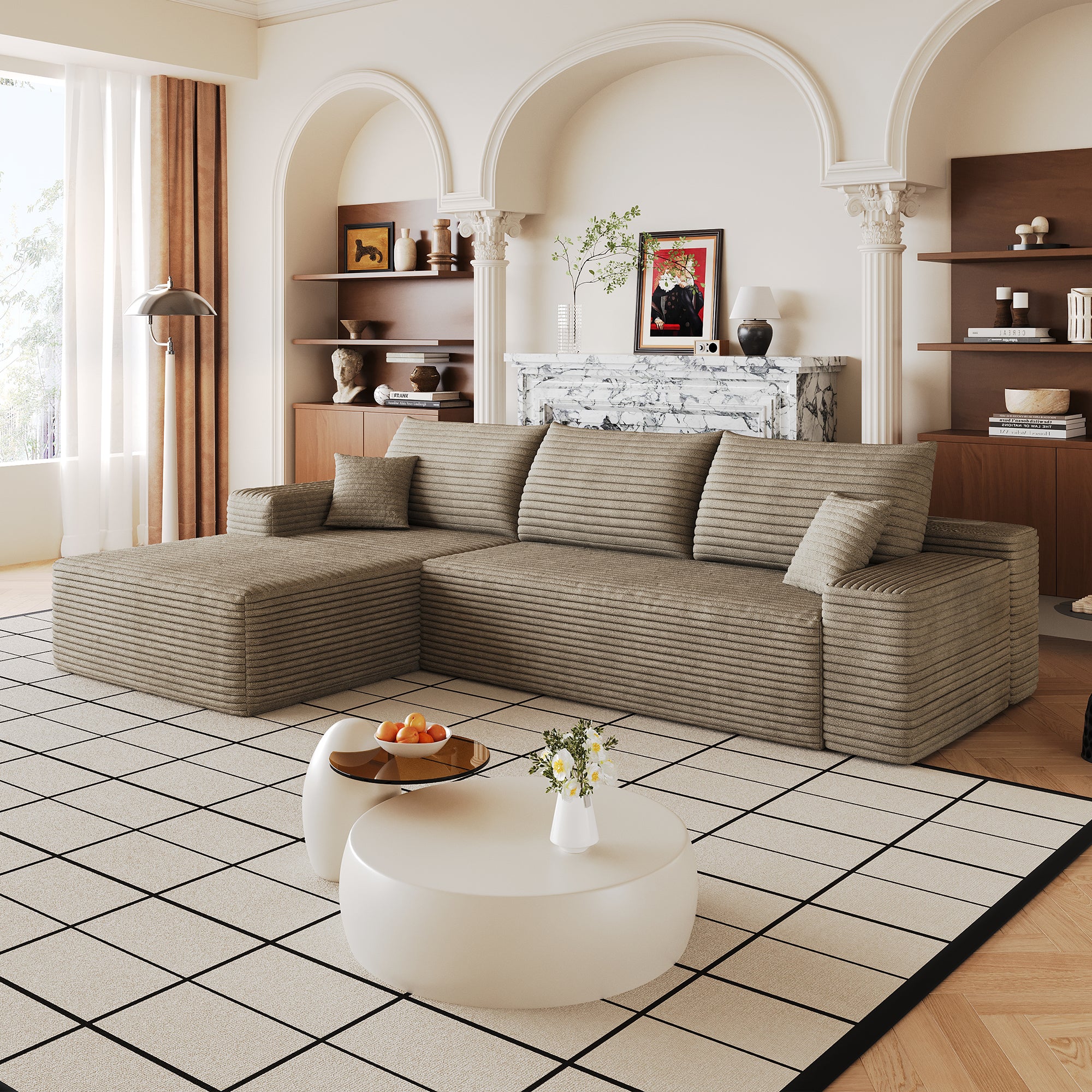 Camel corduroy modular sectional sofa with chaise, angled view