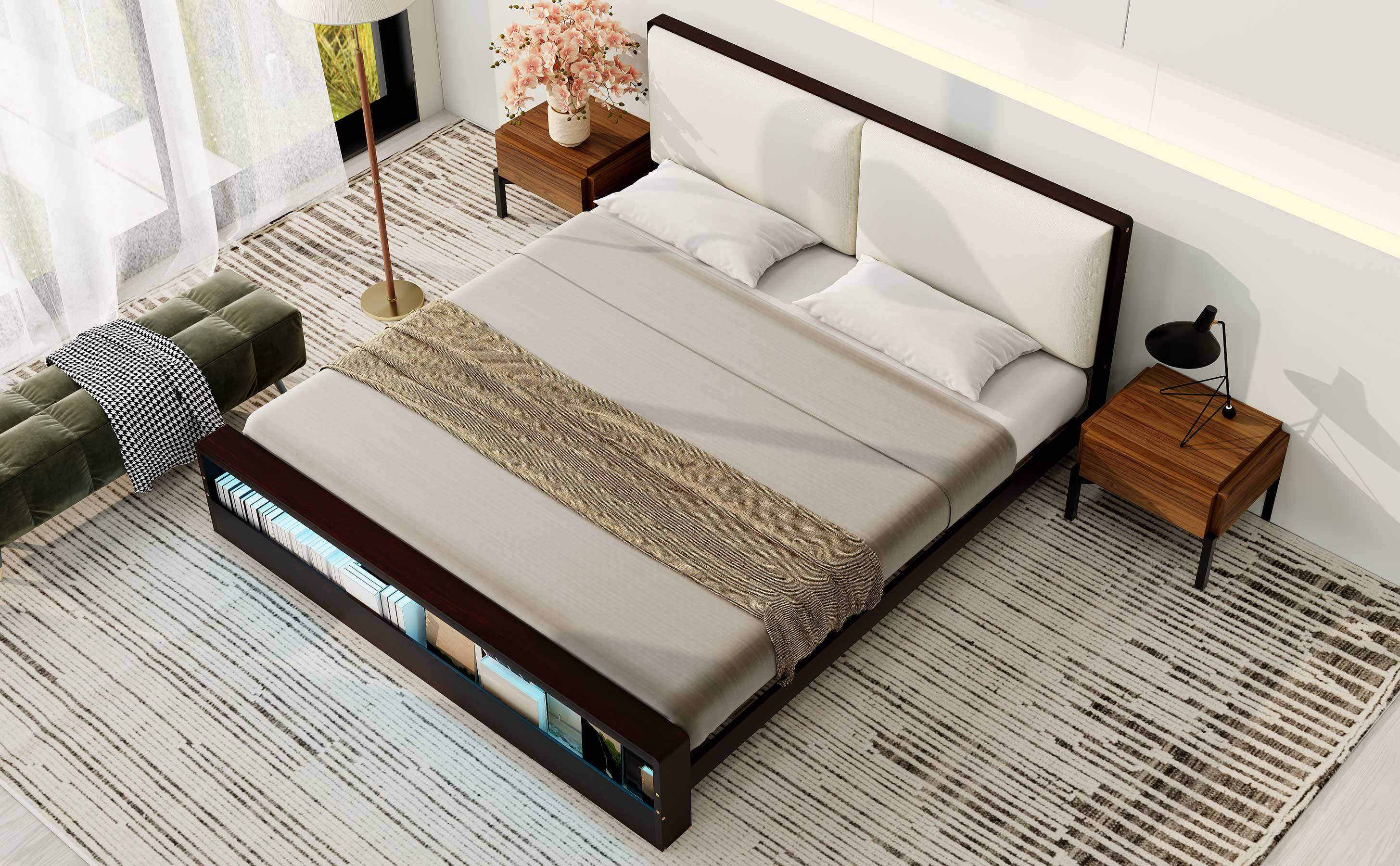 King Size Platform Bed Frame with Upholstery Headboard and Bookshelf in Footboard and LED Light Strips, Espresso
